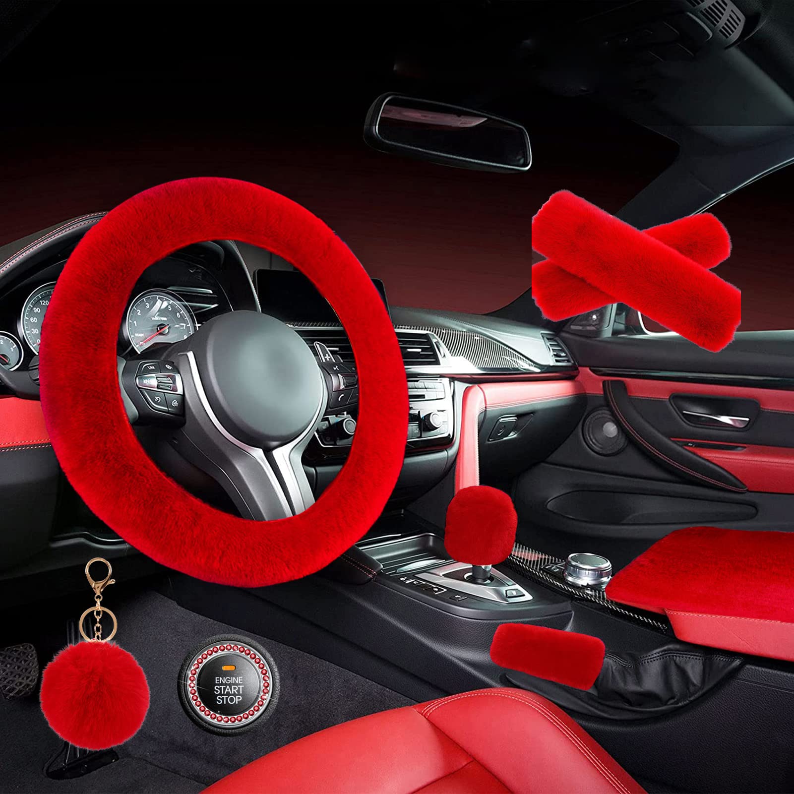 Zynqacc 1 Set 8 Pieces Fluffy Steering Wheel Cover Set,Warm Soft Fuzzy Steering Wheel Covers For Women/Girls,Universal 15 Inches Girls Car Accessories (Red)