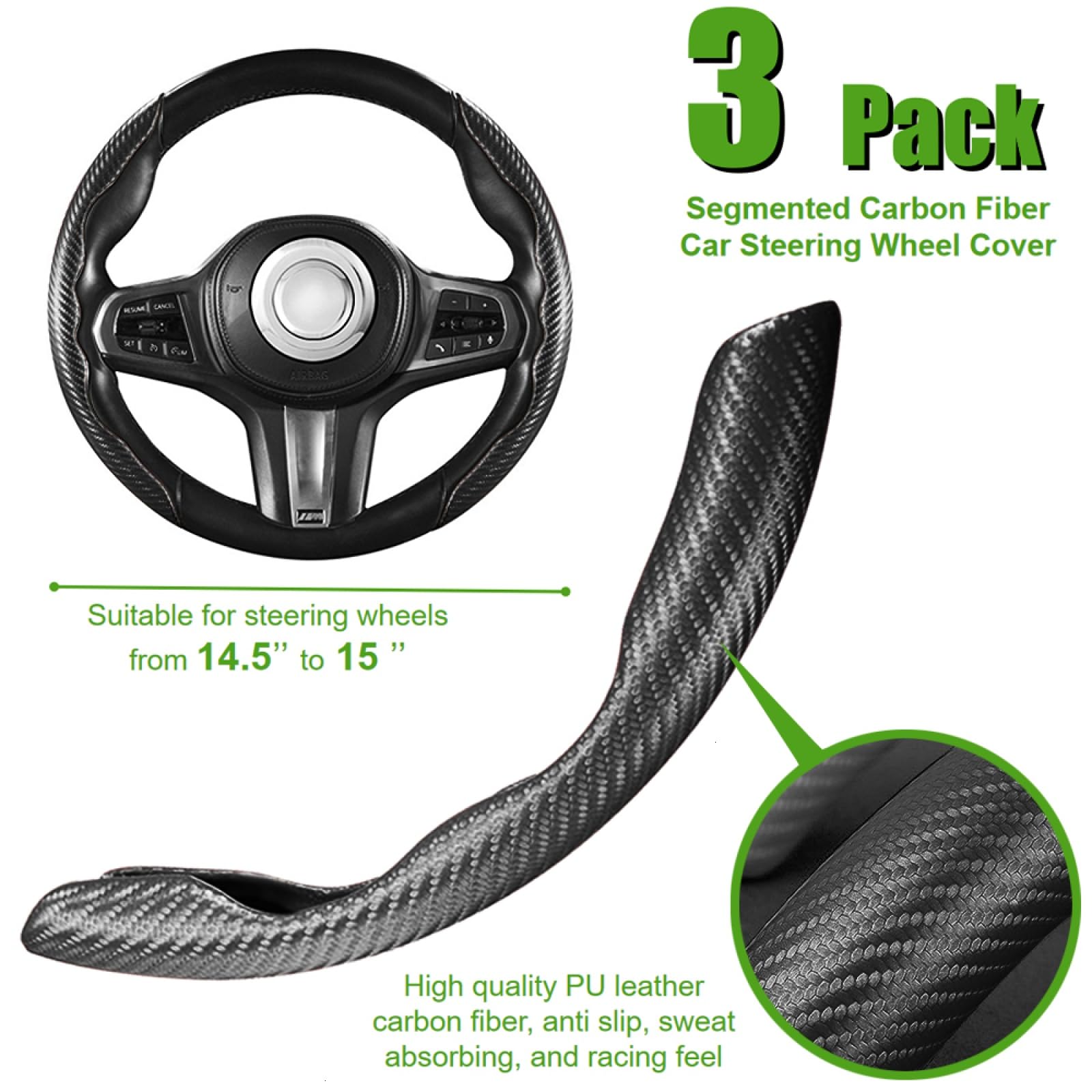 WSSROGY 3 Pack Anti-Skid Segmented Carbon Fiber Car Steering Wheel Cover Protector Universal for Most Car Wheel (Black)