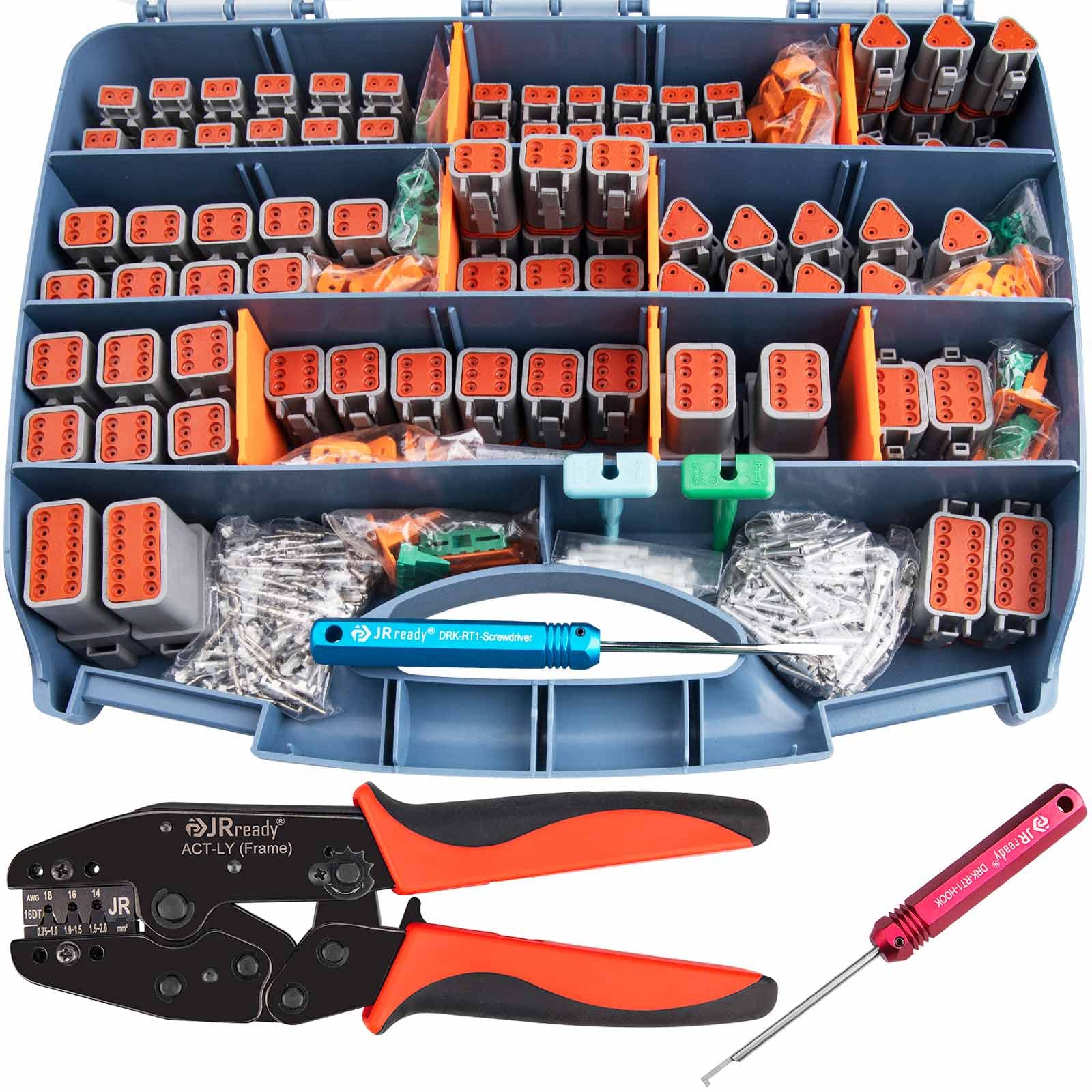 Jrready Deutsch Connector Kits St6303: 2 3 4 6 8 12 Pin Dt Connector Kit Ip67 Waterproof With Deutsch Crimper Act-Ly-16Dt, Stamped Contacts Size 16 For Automotive, Truck, Boat Repairing