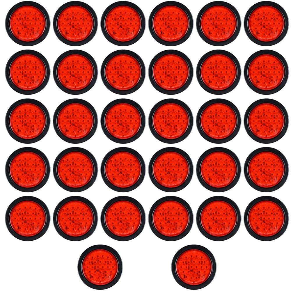 (32X) 4 Inch Round 24-LED RED Running Brake Stop Tail Lights w/Grommet Wiring Plug For Car Truck Trailer RV DC 12V