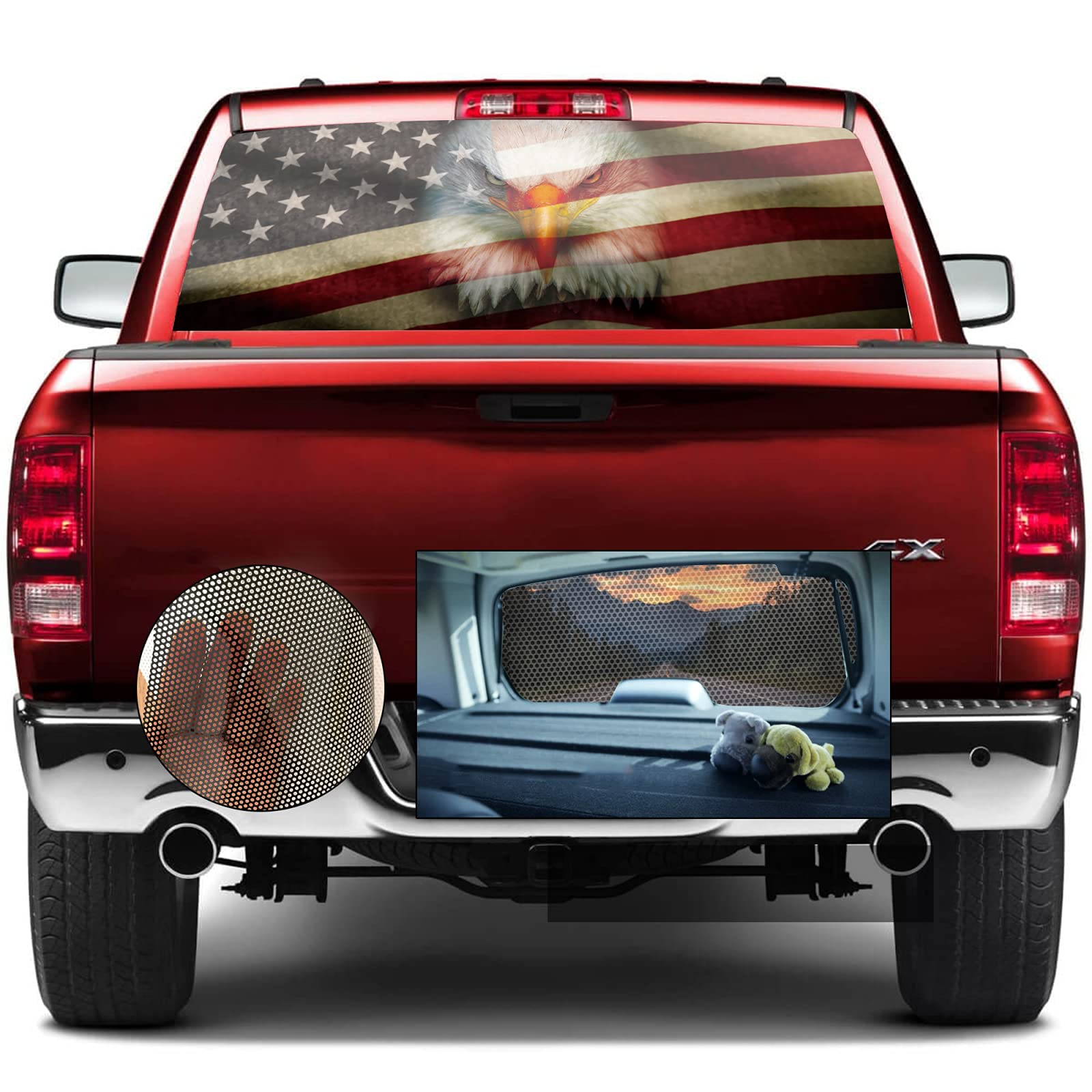 Rear Window Decals For Trucks, Pickup American Flag Window Decal, Bald Eagle Back Window Tint Graphic Perforated Vinyl Truck Sti