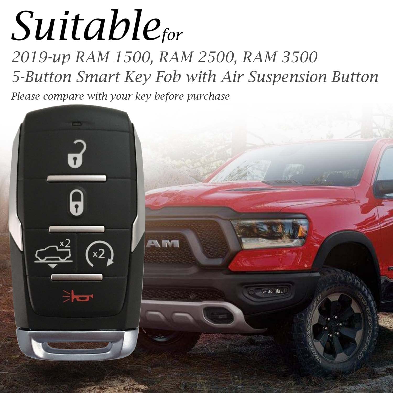 Vitodeco Genuine Leather Smart Key Fob Case Cover Protector Compatible With Ram 1500, Ram 2500, Ram 3500 2019 - 2024 (5-Button W