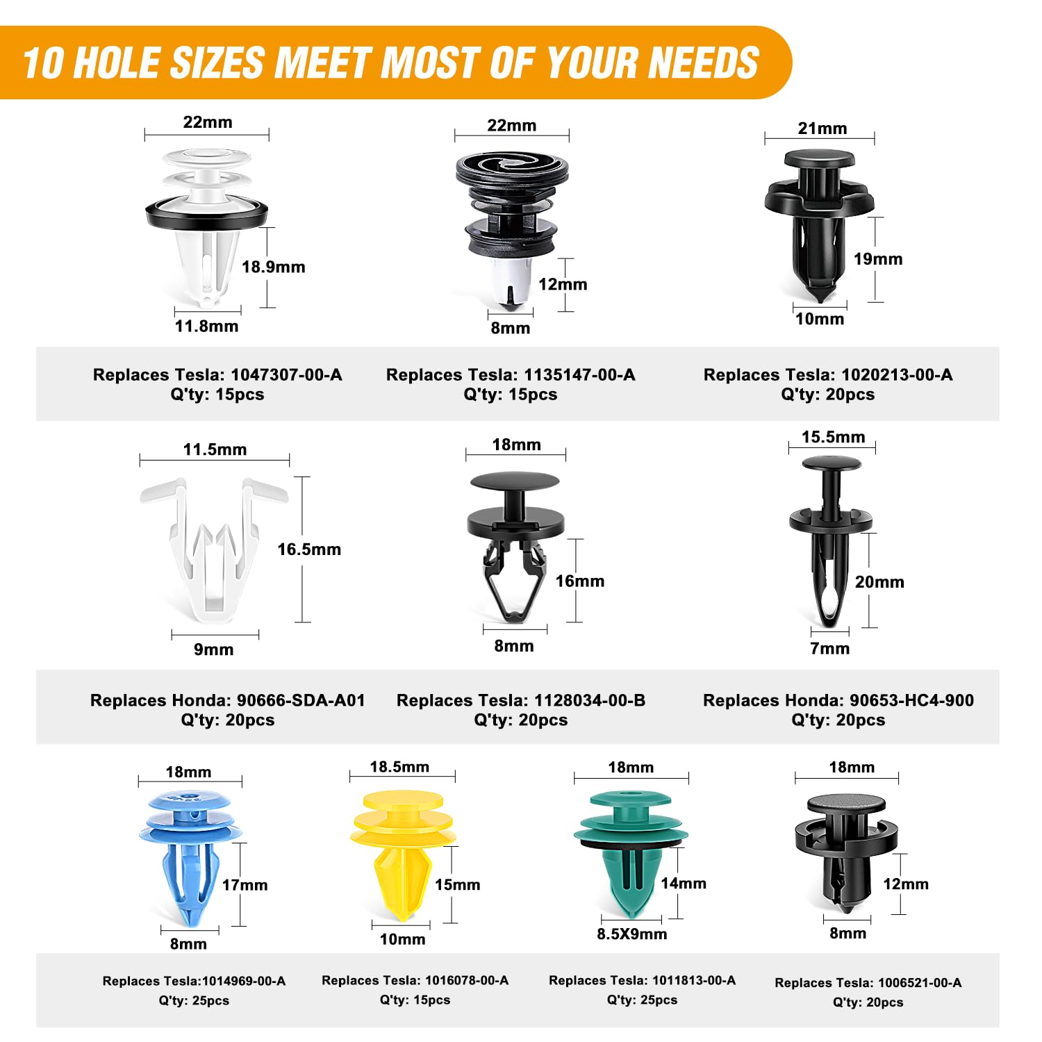 Gooacc 200Pcs Car Plastic Rivets Fasteners Push Retainer Kit, 10 Most Popular Sizes Auto Push Pin Rivets,For Tesla Body Interior