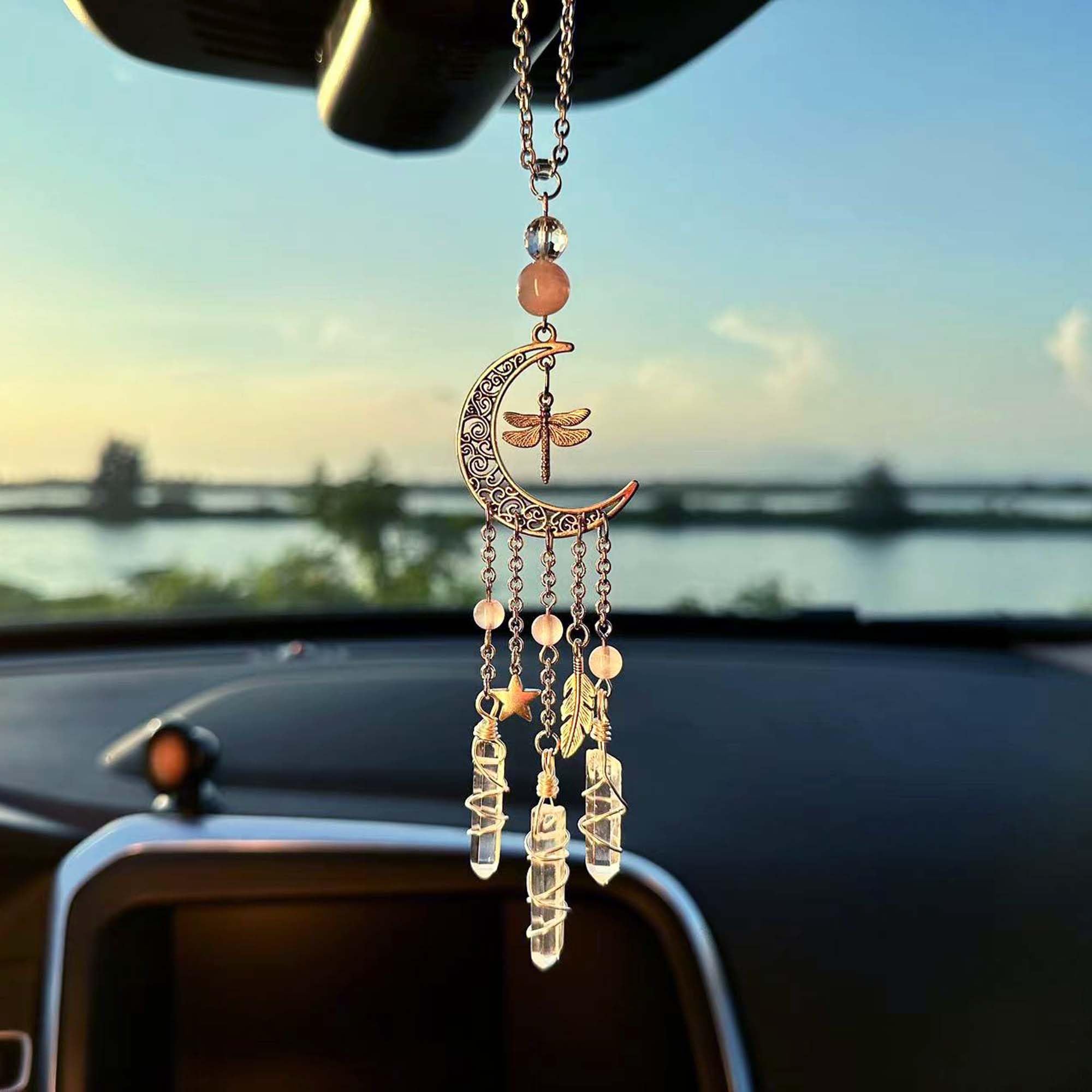 Hanging Car Charm, Handmade Crystal Window Car Hanging Ornaments, Dangling Moon, Healing Crystal Accessories, Rearview Mirror De