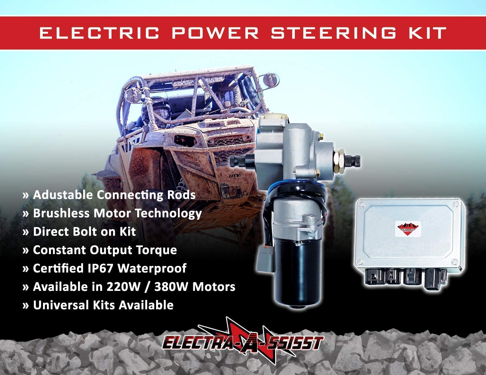 Rugged UTV 220W Electric Power Steering Kit All Years Universal Front, Is not a Bolt On System, Steers Easily & Gets Rid of Whee