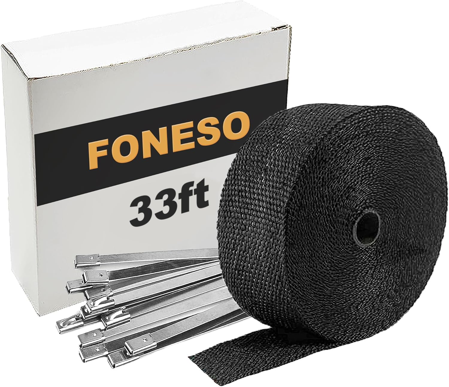 Black Exhaust Heat Wrap, Foneso 2 ' ' x 33 ' Exhaust Header Wrap Tape Fiberglass Heat Shield Tape with 10pcs Stainless Steel Tie
