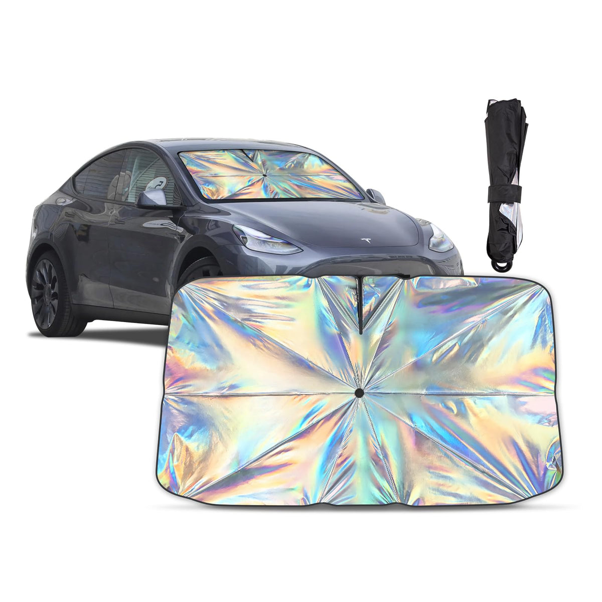 Aokway Tesla Model Y/3 Windshield Sunshade Umbrella, Foldable Car Front Window Sunshade with 360 Rotating Handle, UV & Heat Prot