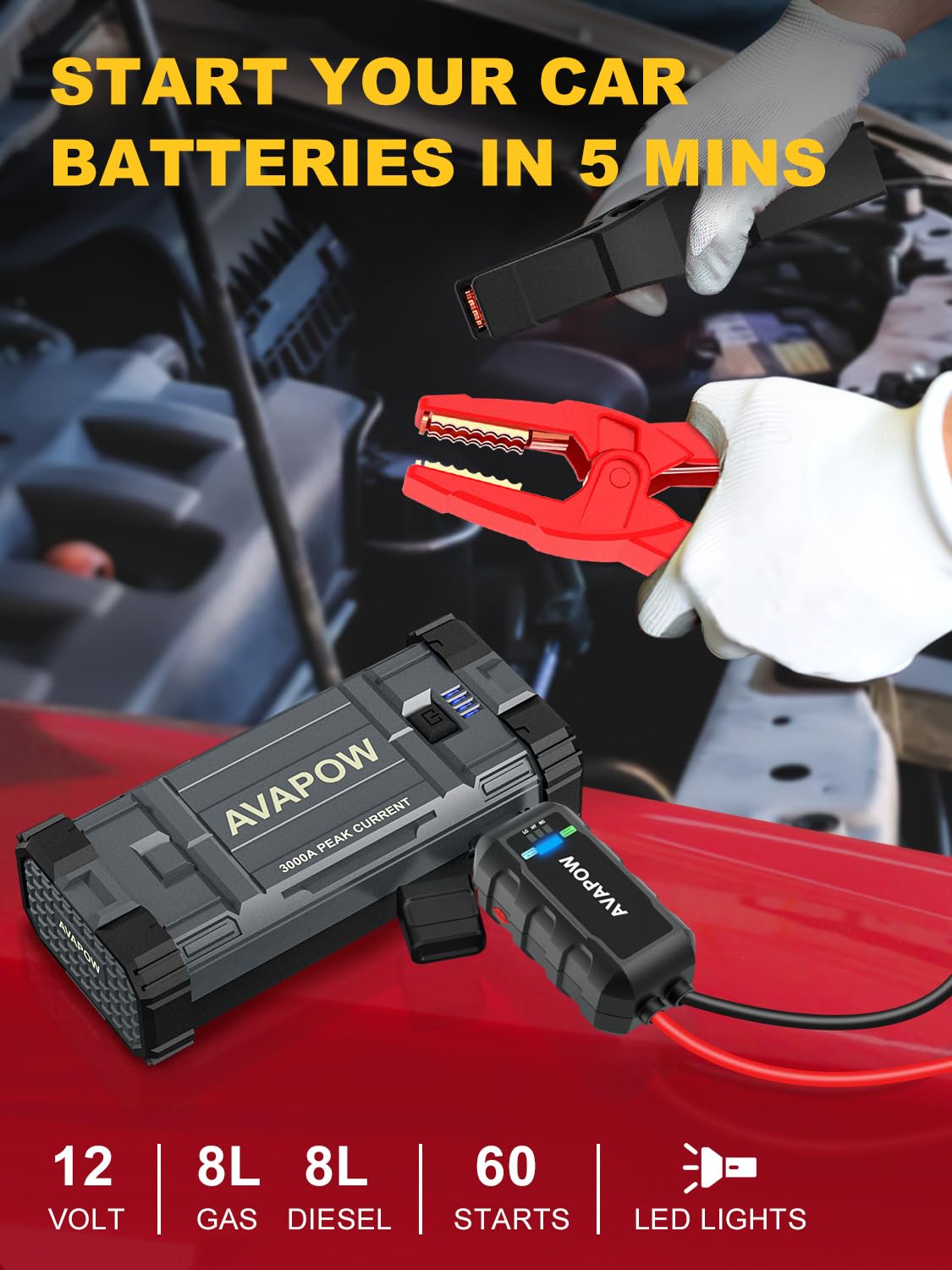 Avapow Car Battery Jump Starter 3000A Peak, Jumpstart With Force Start Function, Portable Starters For Up To 8L Gas 8L Diesel En