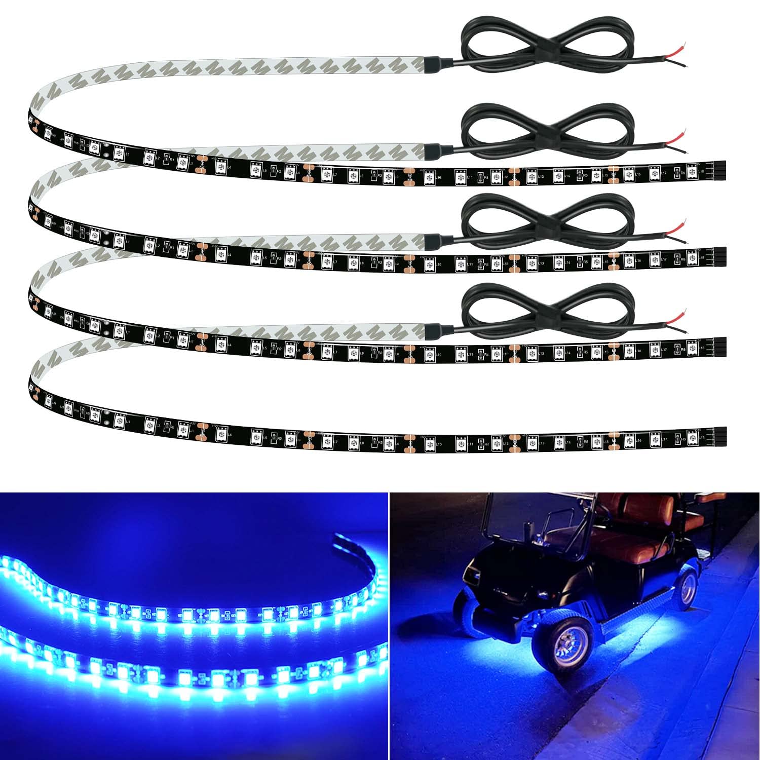 Car Led Strip Lights 24' Connectable Blue Led Light Strips For Cars Interior Lights Boat Marine Golf Cart Trucks Waterproof Led Strip 12V, 4Pack