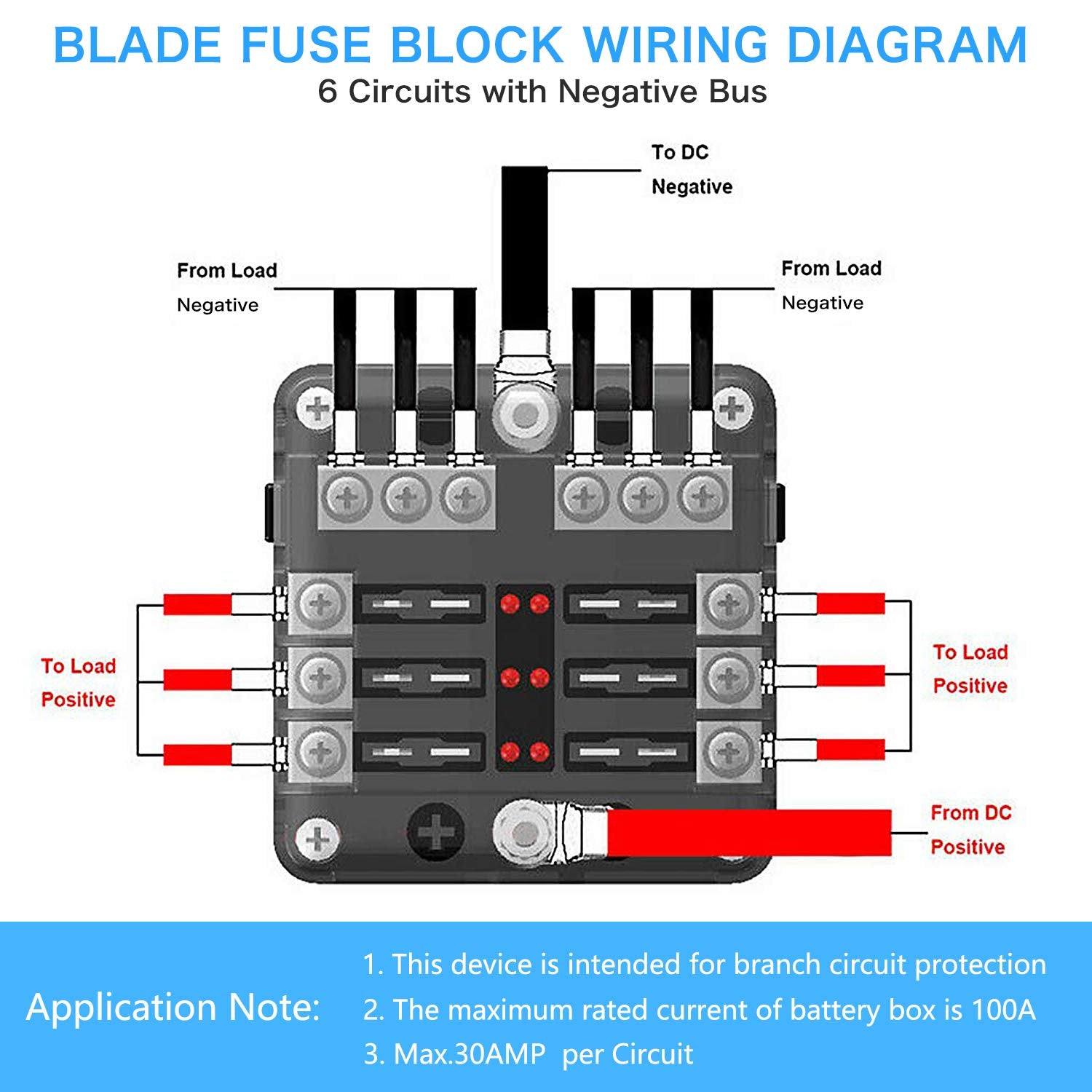 6 Way 12V Fuse Box 12Volt Blade Fuse Block, 6 Circuit W/Negative Bus Waterproof Fuse Box With Led Indicator For 12V/24V Automoti