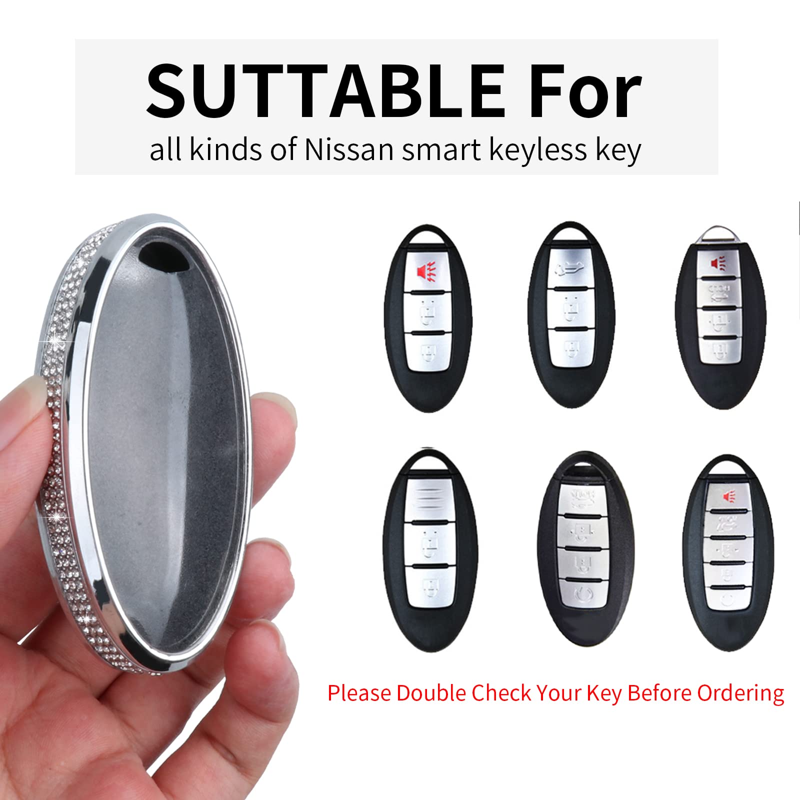 Ruabiban For Nissan Key Fob Cover With Keychain, Pink Leather Crystal Key Case Protection Shell Compatible With Nissa 5 Buttons