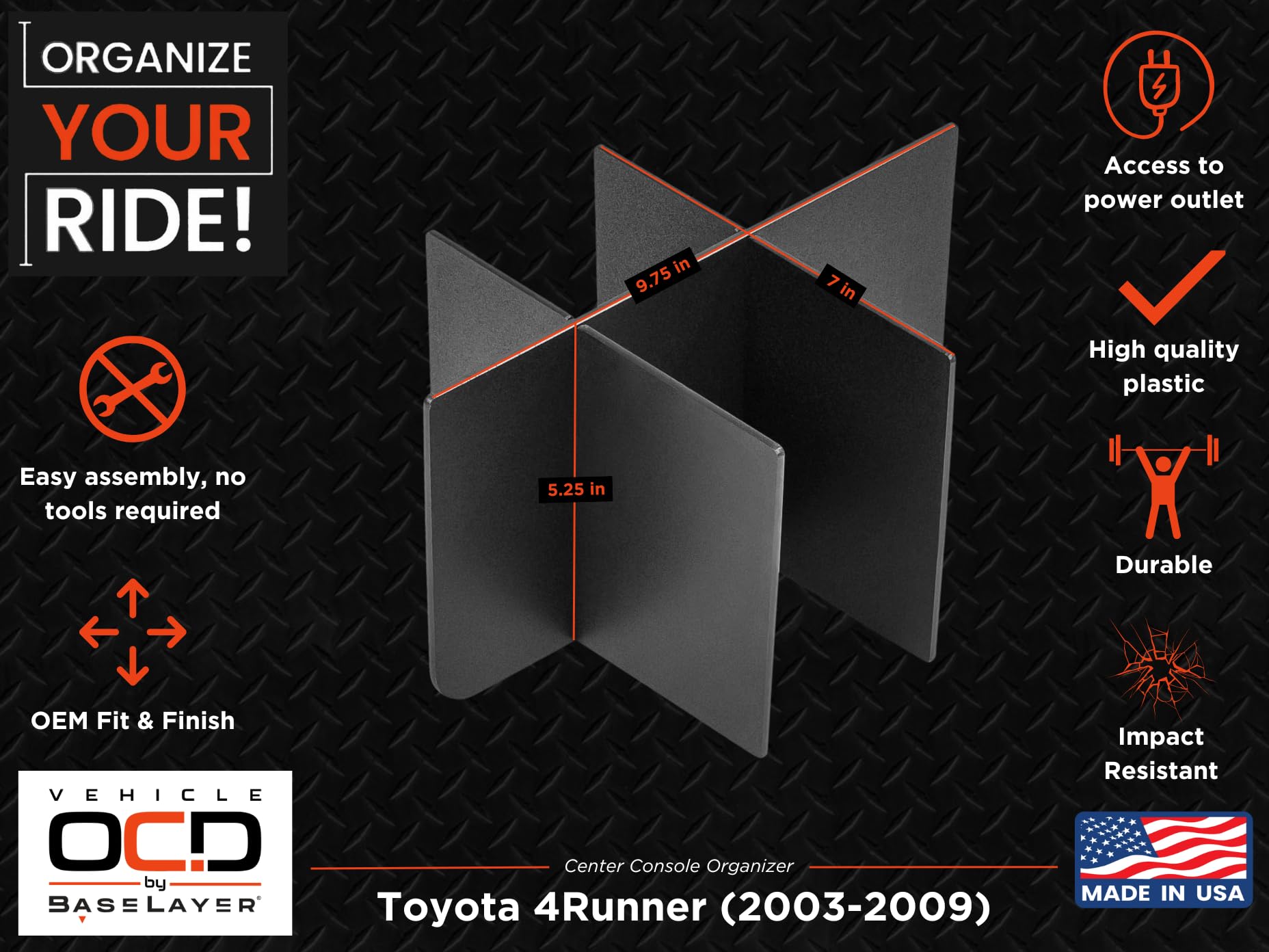 Vehicle Ocd - Center Console Divider And Tray Organizer For Toyota 4Runner (2003-2009) - Made In Usa - Slx510