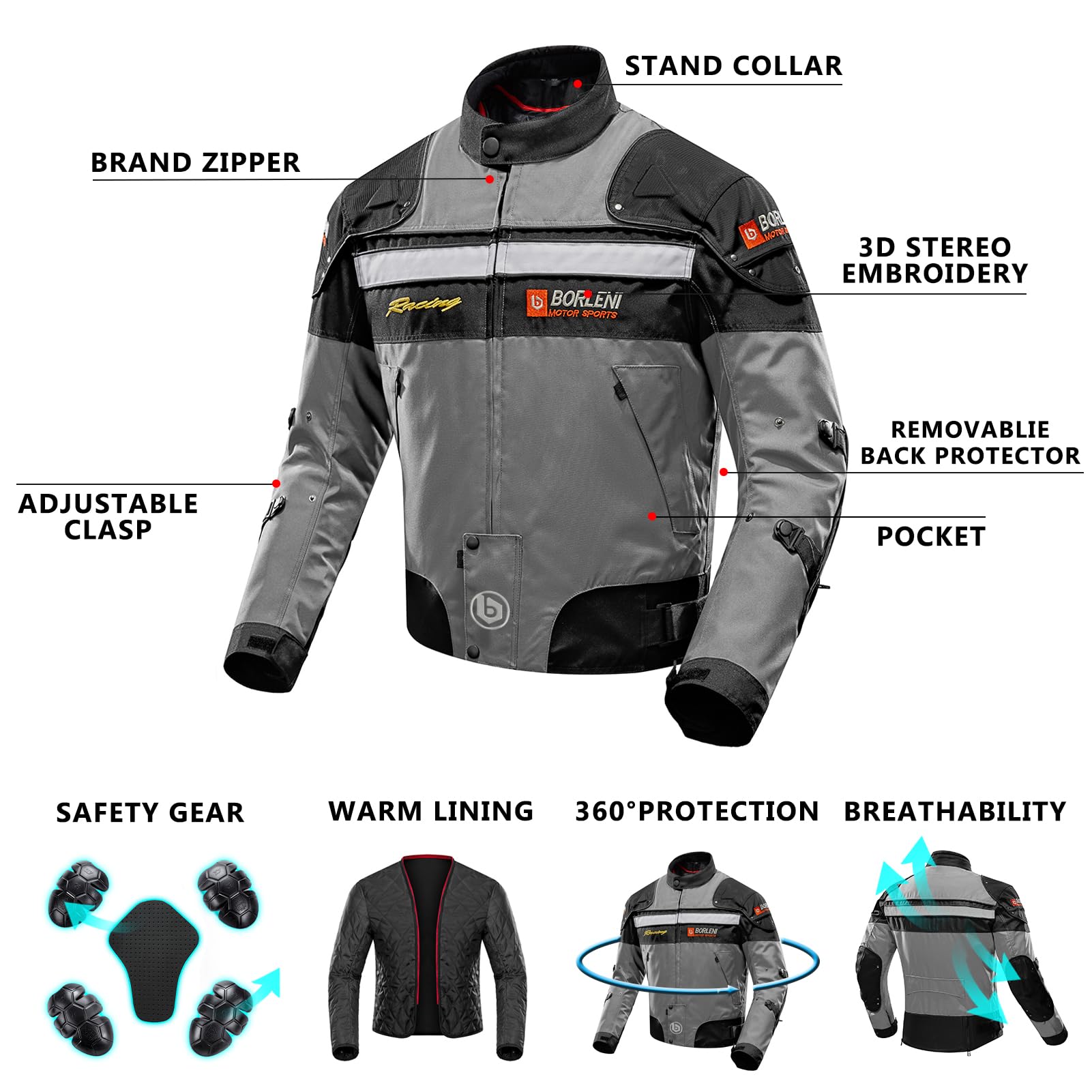 Borleni Motorcycle Jacket Motorbike Riding Jacket Windproof Motorcycle Full Body Protective Gear Ce Armor All Season Gray M
