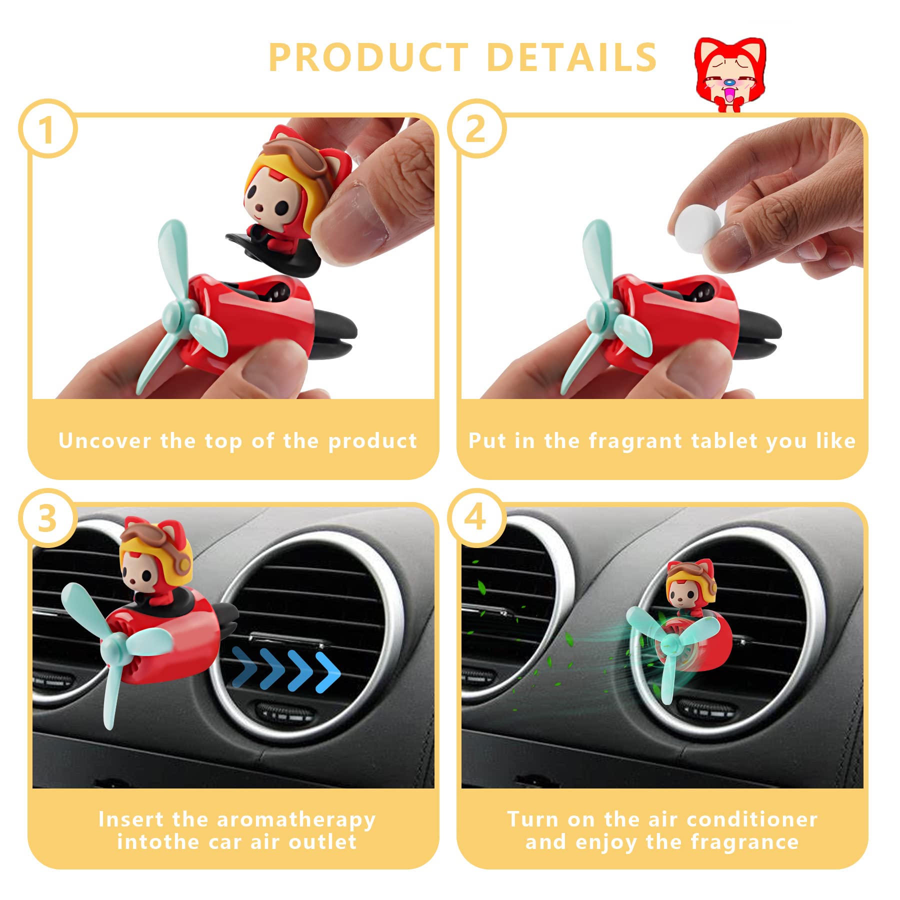 Jimtyee Car Air Fresheners Cute Cartoon Fox Pilot Car Diffuser Rotating Propeller Automotive Air Outlet Fan Creative Car Perfume