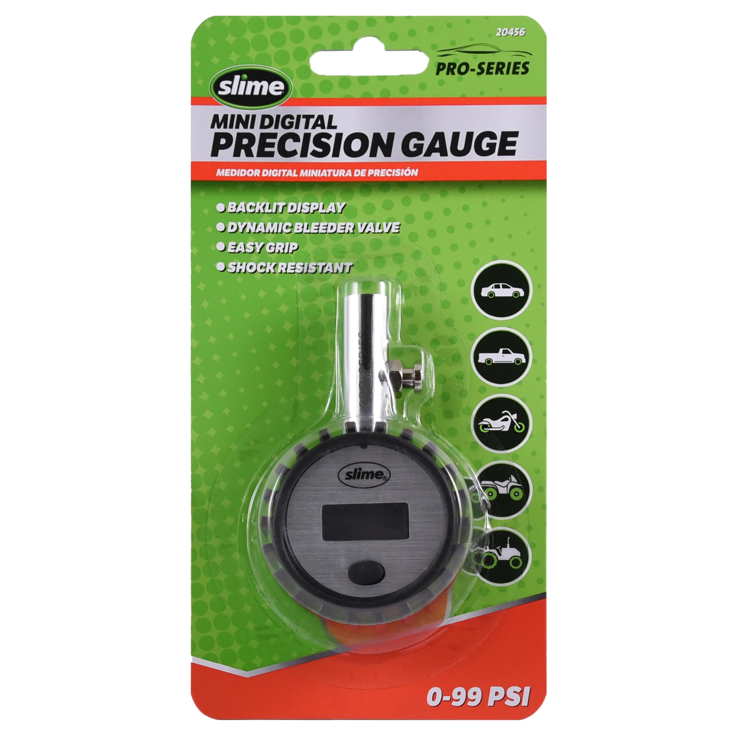 Slime 20456 Tire Pressure Gauge, Pro-Series, Mini, Digital Precision, (5-100 psi)