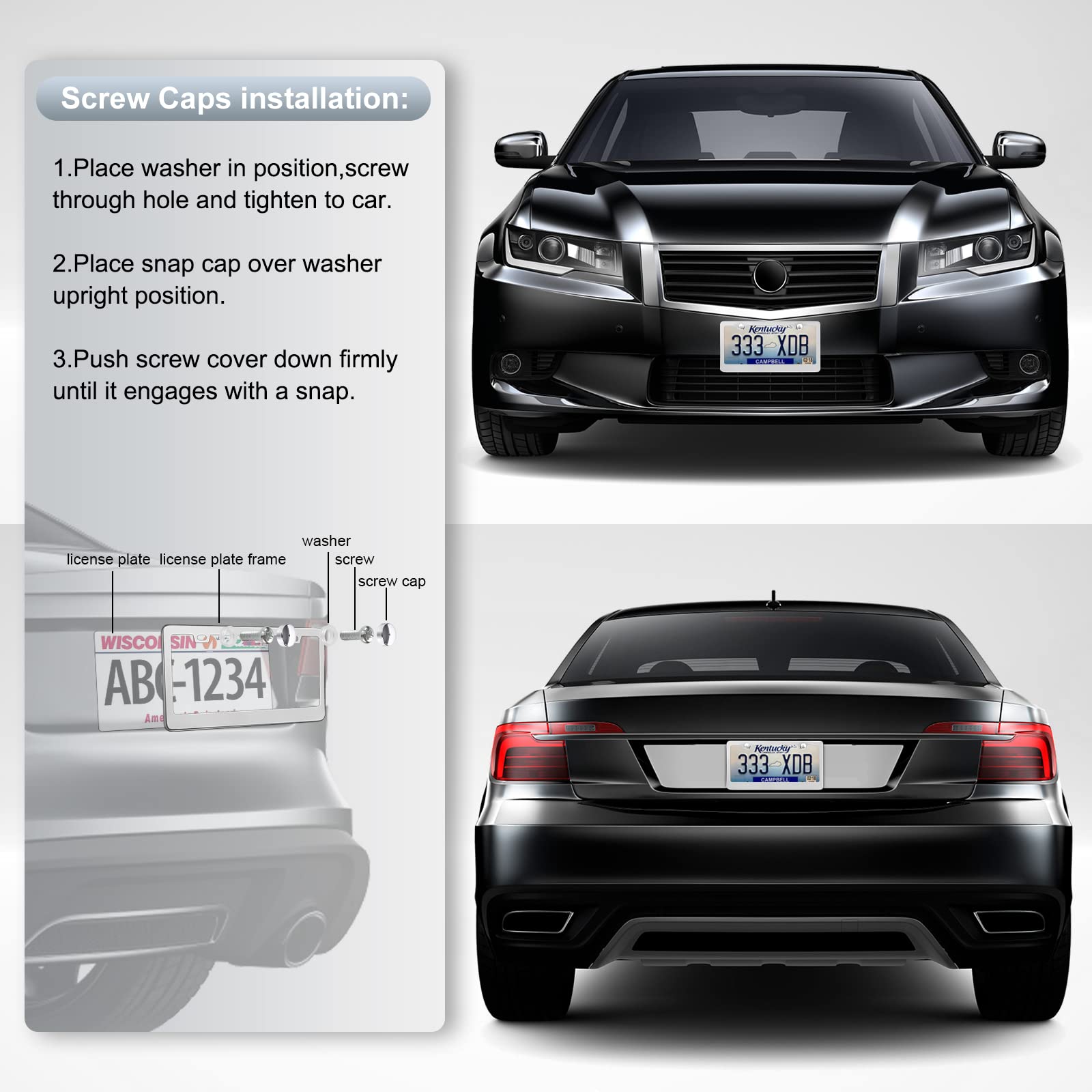 Quanqiufei 2 Pack License Plate Frames, Stainless Steel Car License Plate Cover Car Accessories With Screw Caps (Silver)