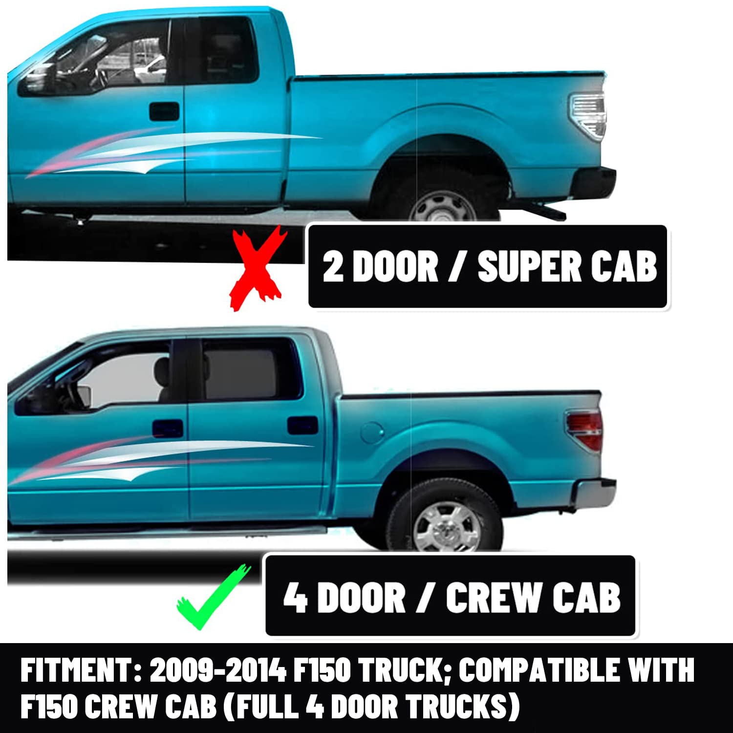 Ecotric Cab Corners Compatible With 2009-2014 Ford F150 Crew Cab Corner -1 Pair 2 Pcs Pickup Truck 4 Door Steel Matte Black