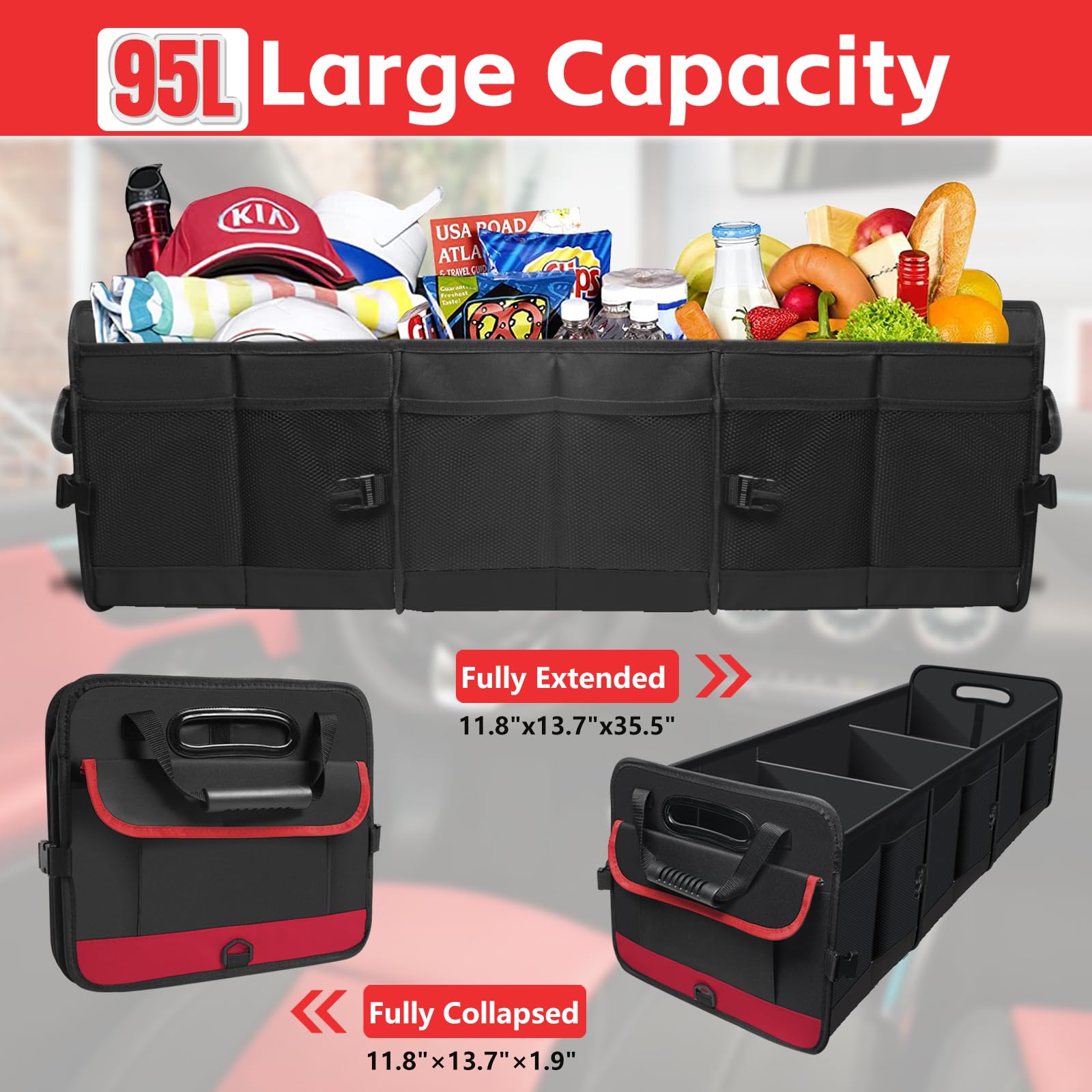 Car Trunk Organizer,Heavy Duty Collapsible 95 L Capacity Car Trunk Storage Organizer,Multi-Compartment Pockets, Adjustable Strap