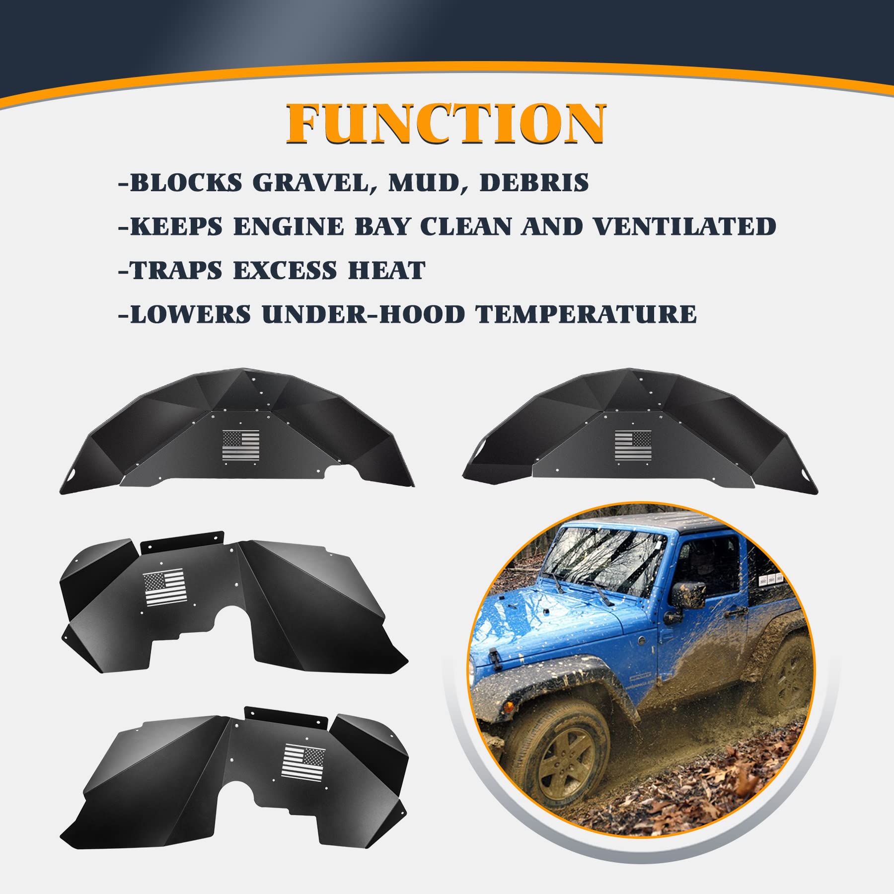 V-SEK Front & Rear Inner Fender Liner Wheel Well Set Aluminum Mud Guards Fashion Pattern Compatible with Jeep Wrangler JK JKU Un