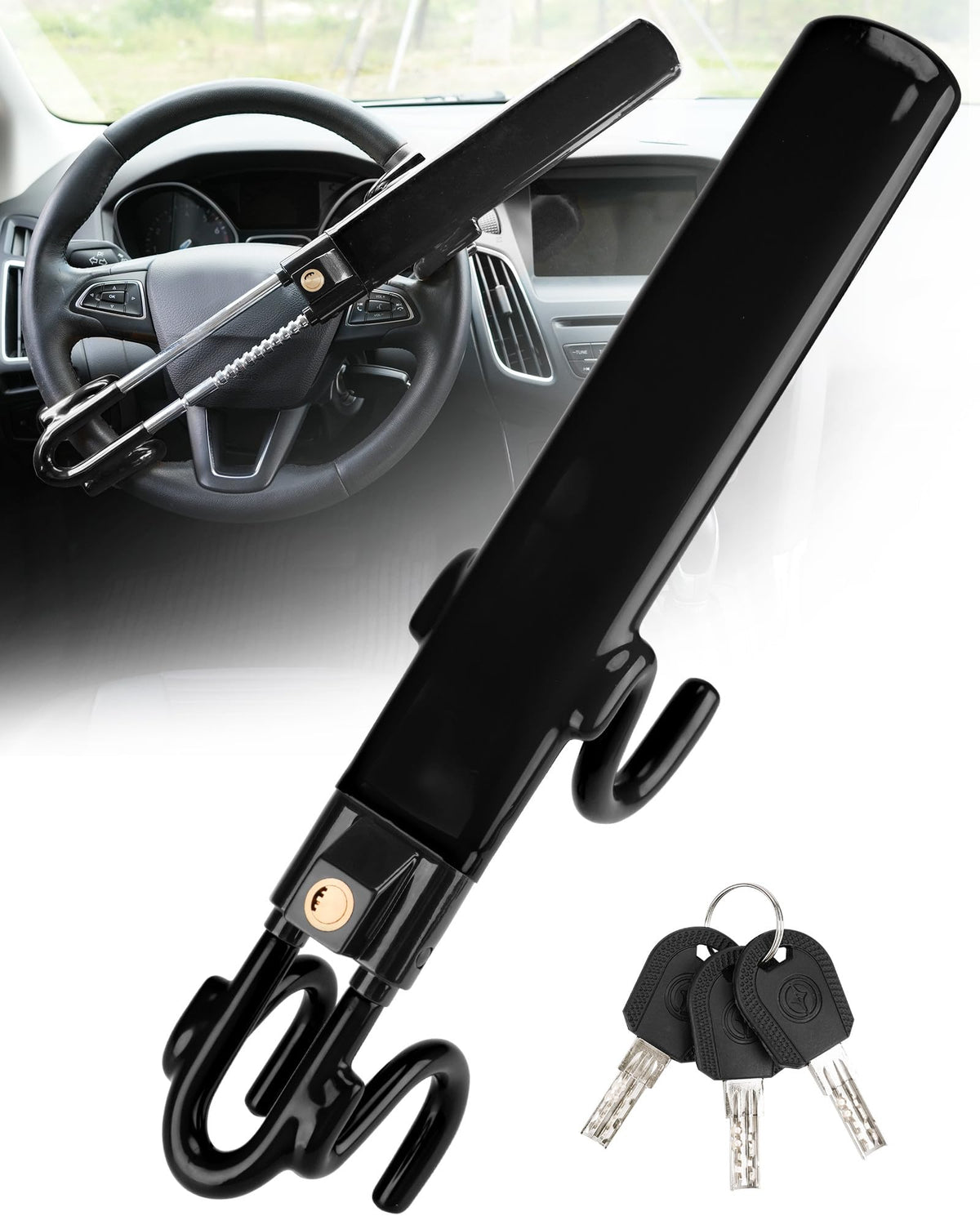 Tevlaphee Steering Wheel Lock Anti-Theft Car Device Heavy Duty Security Car Lock Antitheft Locking Devices Great Deterrent Adjustable Car Wheel Lock Anti Theft For Vehicle Truck With 3 Keys(Black)