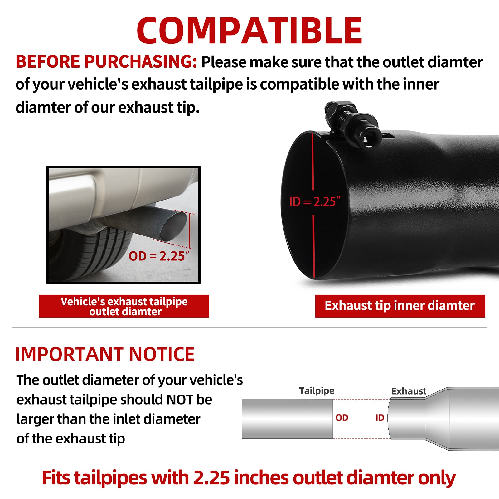 Autosaver88 2.25 Inch Black Exhaust Tip, 2.25'' Inlet 2.25'' Outlet 9'' Overall Length Powder Coated Finish Stainless Steel Turn