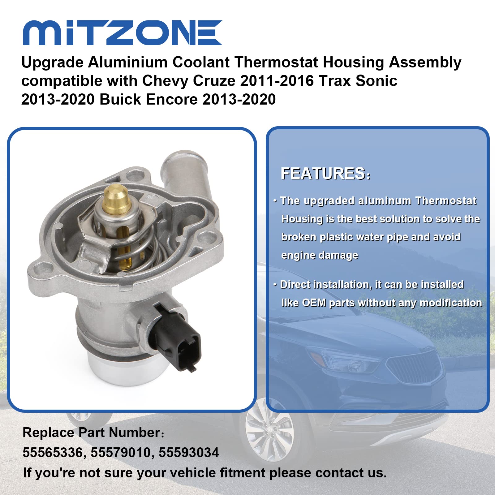 Mitzone Upgrade Aluminium Coolant Thermostat Housing Assembly Compatible With Chevy Cruze 2011-2016 Trax Sonic 2012-2020 Buick Encore 2013-2019 1.4L Replace 25200455 55565336 902-808