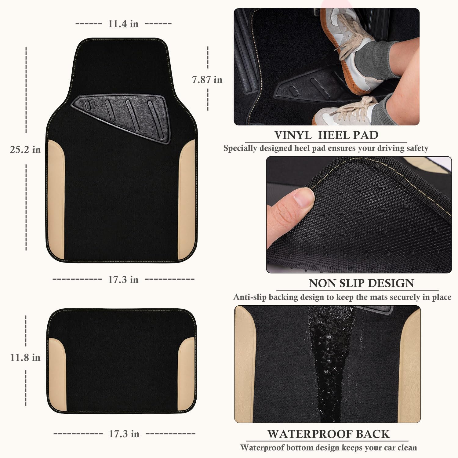 CAR PASS Waterproof Car Floor Mat, Universal Fit Car Mats with Driver Heel Pad, Leather Car Carpet, Anti-Slip Nibbed Backing Flo