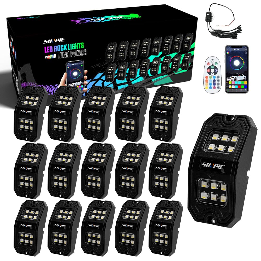 Sunpie 16 Pods Upgraded 210 Degrees Wide Angle Rgbw Rock Lights App/Control Voice Mode Music Mode Automatic Control Neon Light K