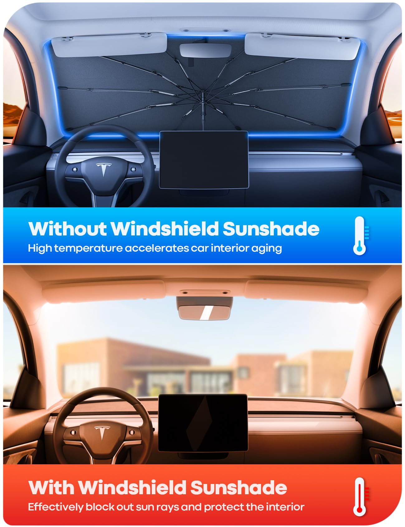 Tesla Model 3/Y Windshield Sunshade - 2025 Upgrade Foldable Sunshade Umbrella, 5-Layer Uv Block, 10-Rib Frame, Fits Tesla Model