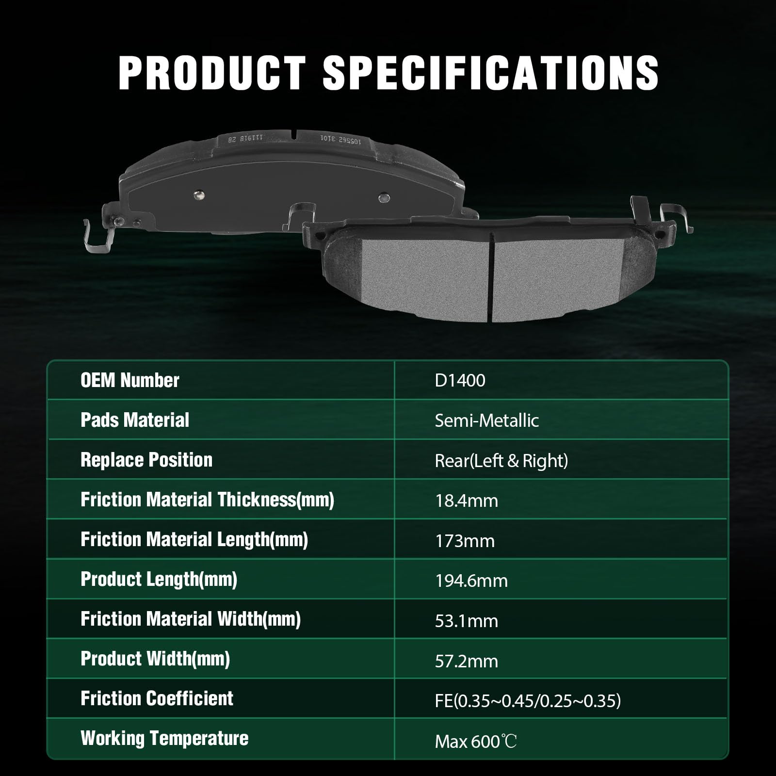 Automuto 4Pcs Rear Semi-Metallic Disc Brake Pads Set D1400 For Dodge Ram 1500, 2500, 3500 Promaster