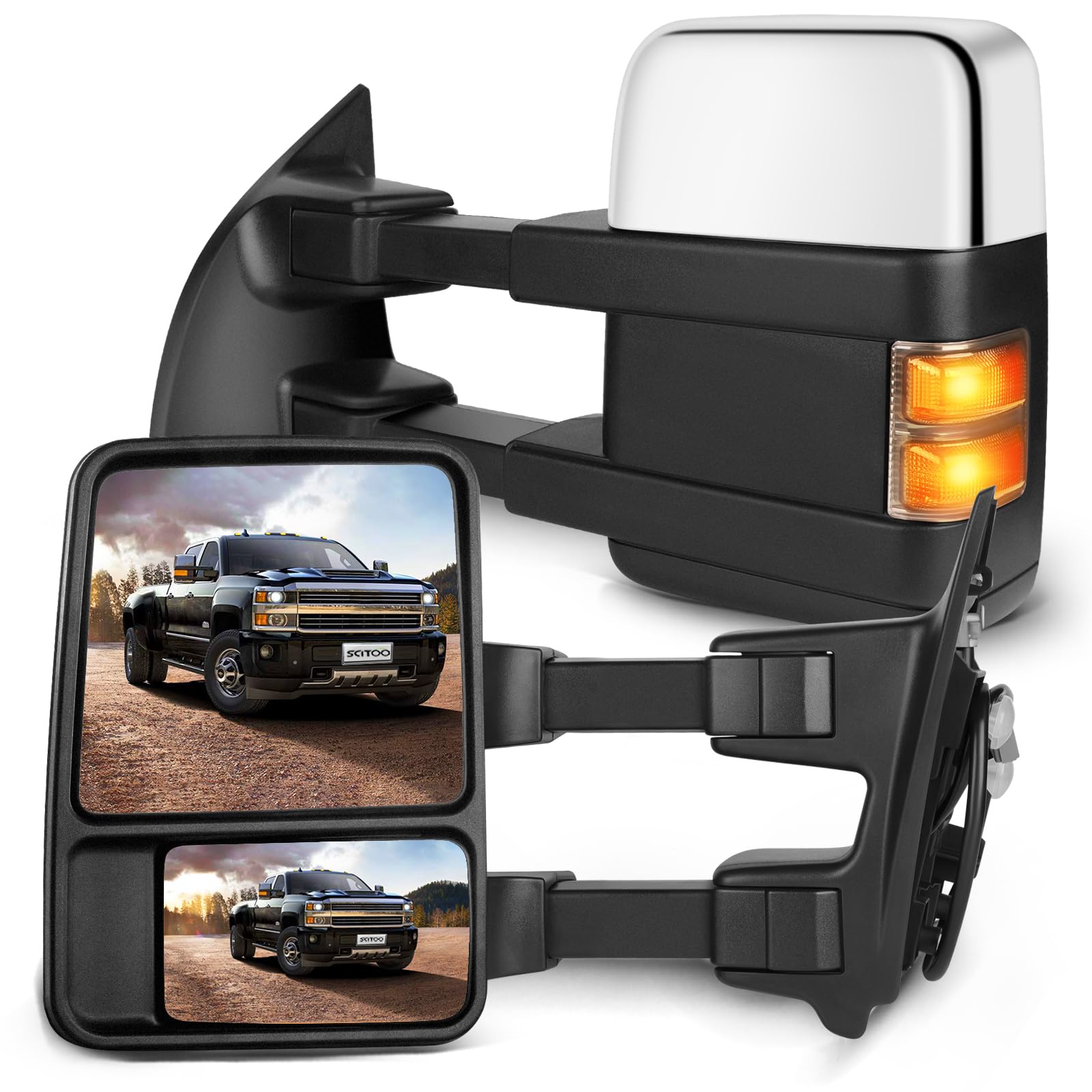 SCITOO Towing Mirrors fit for 1999-2007 for Ford for F250 for F350 for F450 for F550 Super Duty Chrome Side View Mirrors Power H