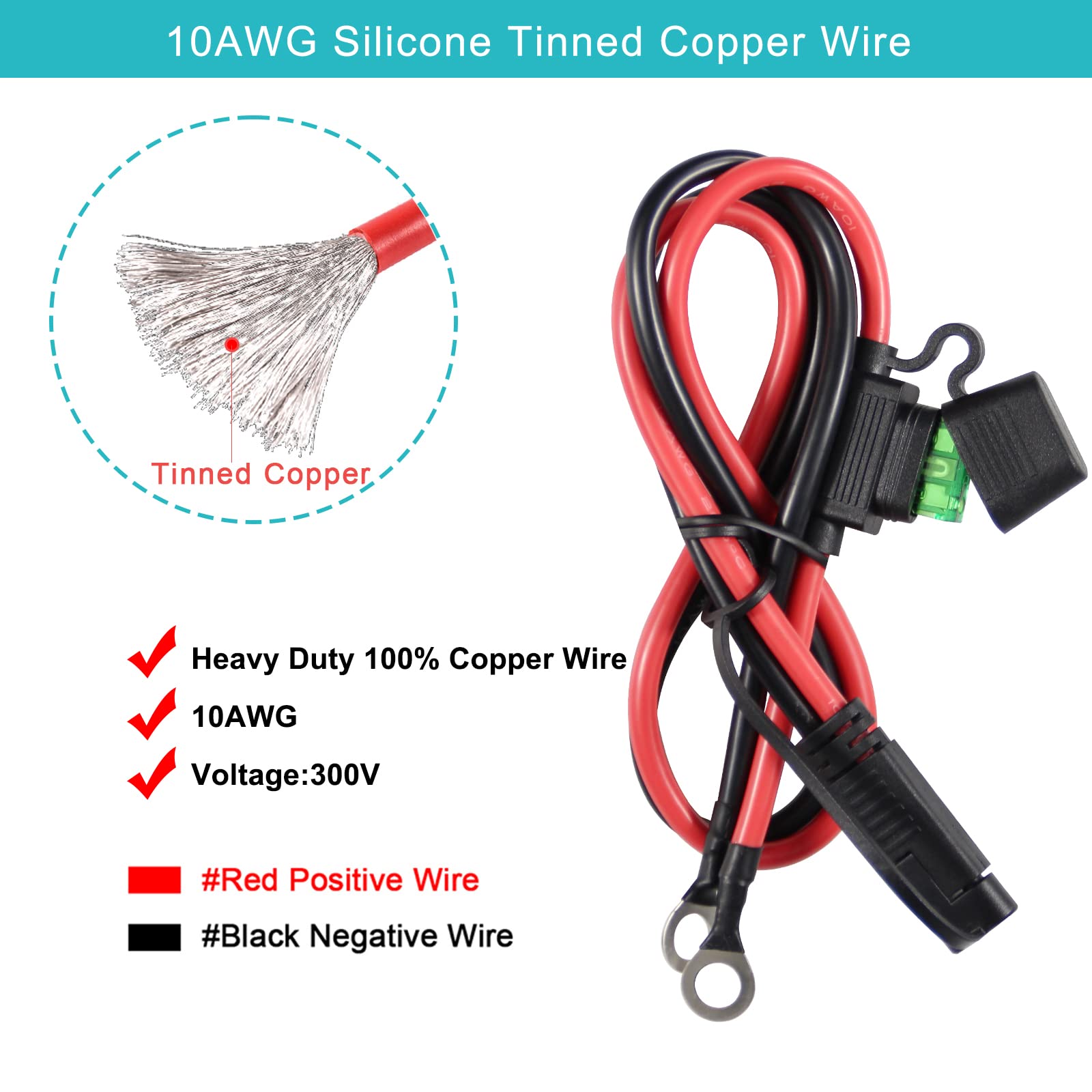 [5 Pack] 2Ft Sae To O Ring Terminal Harness 10Awg - Eyelet O-Ring Terminal 10Gauge Harness With 30A Fuse,Battery Trickle Charger