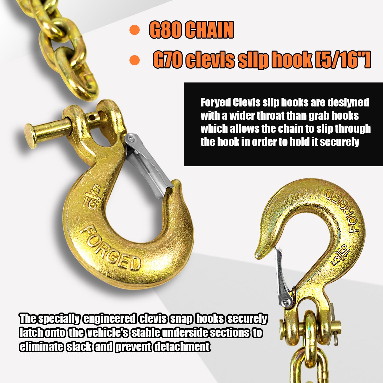 2-Pack Grade 80 Trailer Safety Chain 36 Inch with 5/16'' Clevis Snap Hook Heavy-Duty Transport Chain WLL 21,000 lbs for Towing