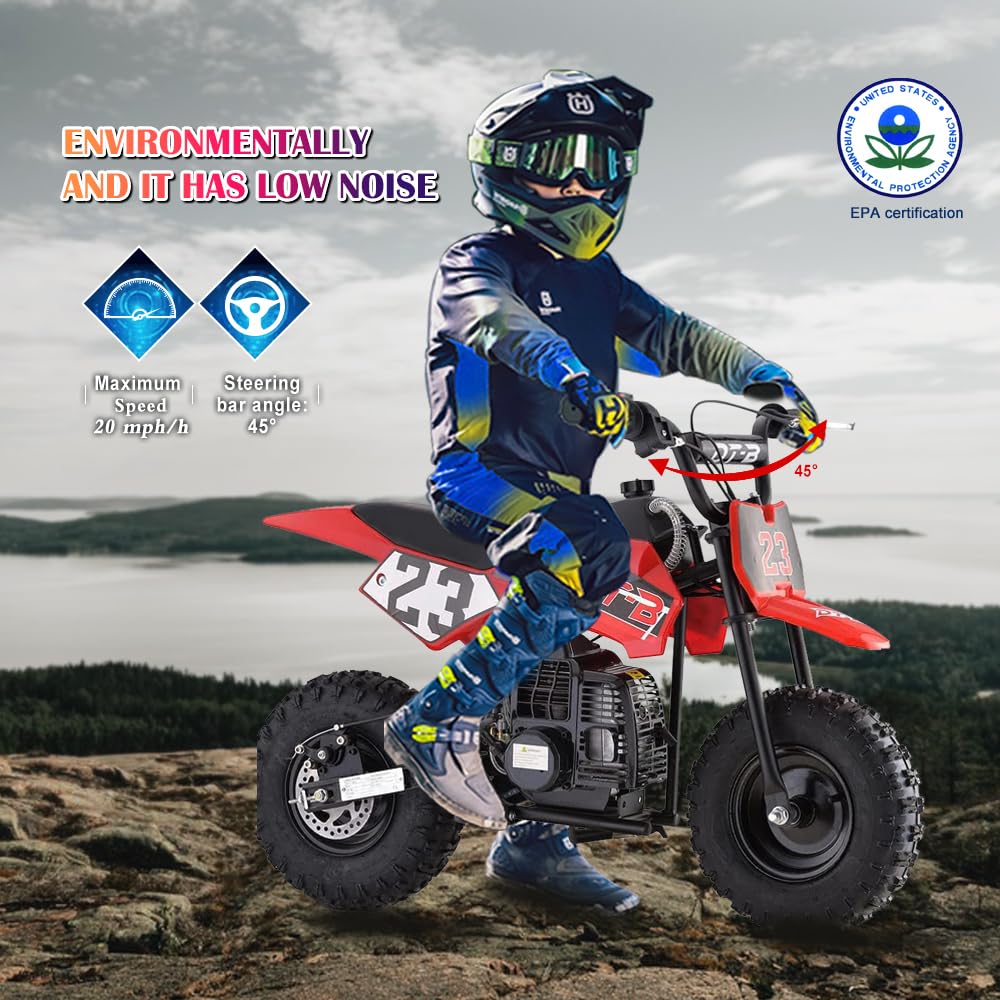HOVER HEART Mini Kid Dirt Bike, 49 CC 2-Stroke Gas Bike with Off-Rode Tire, Suspensions, Disc Brakes, Max Load 160Lbs, Up to 20M
