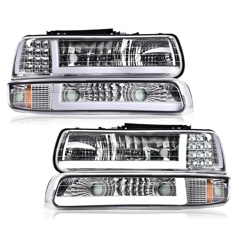 Pit66 Led Drl Headlight Assembly, Compatible With 1999-2002 Chevy Silverado / 2000-2006 Tahoe Suburban Headlamp W/Bumper Lights