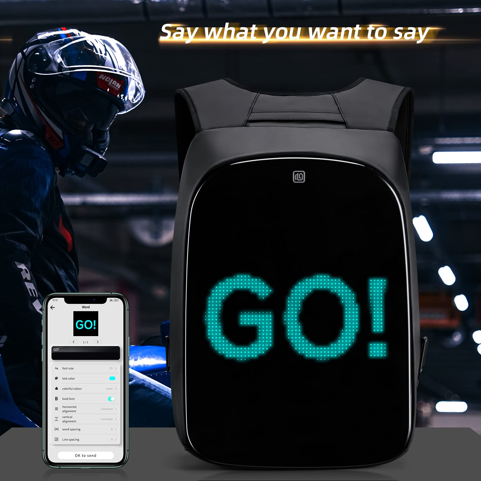 Gelrova LED Motorcycle Helmet Backpack, 17" Pixel Art Display, Large, Black, Oxford Cloth, Model KWQ-43, Unique Gift for Men/Women