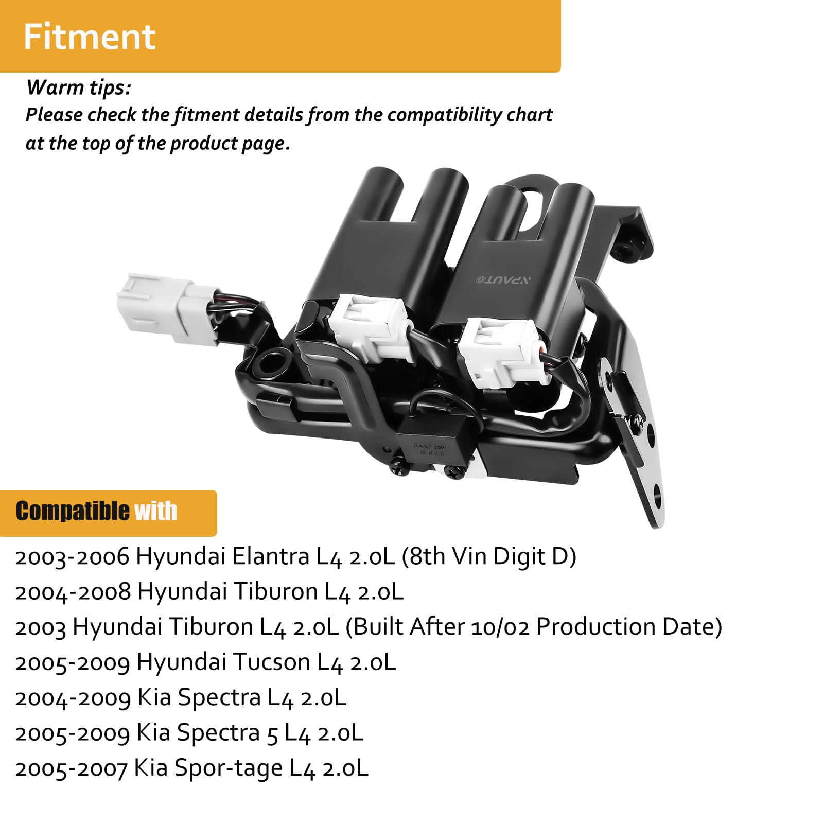 Npauto Ignition Coil Pack Compatible With L4 2.0 2003 2004 2005 2006 Hyundai Elantra, 2005 2006 2007 2008 2009 Tucson, 04-08 Tiburon, 04-09 Kia Spectra 5, 05-07 Sportage