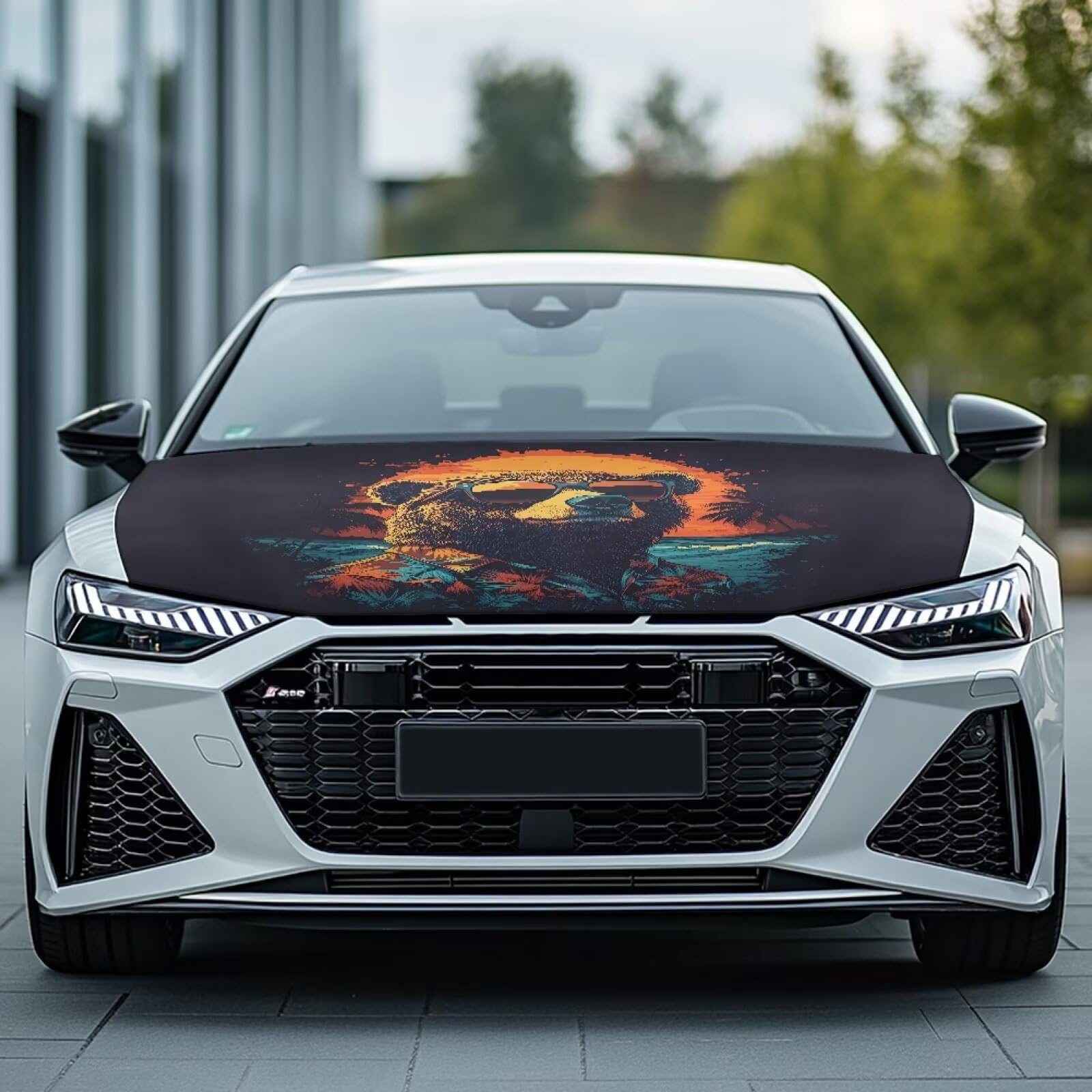 Qiyupavto 59  39 Inch Funny Bear Car Hood Cover Protector Waterproof Polyester Auto Hood Flag Stretchable Automotive Exterior Ac