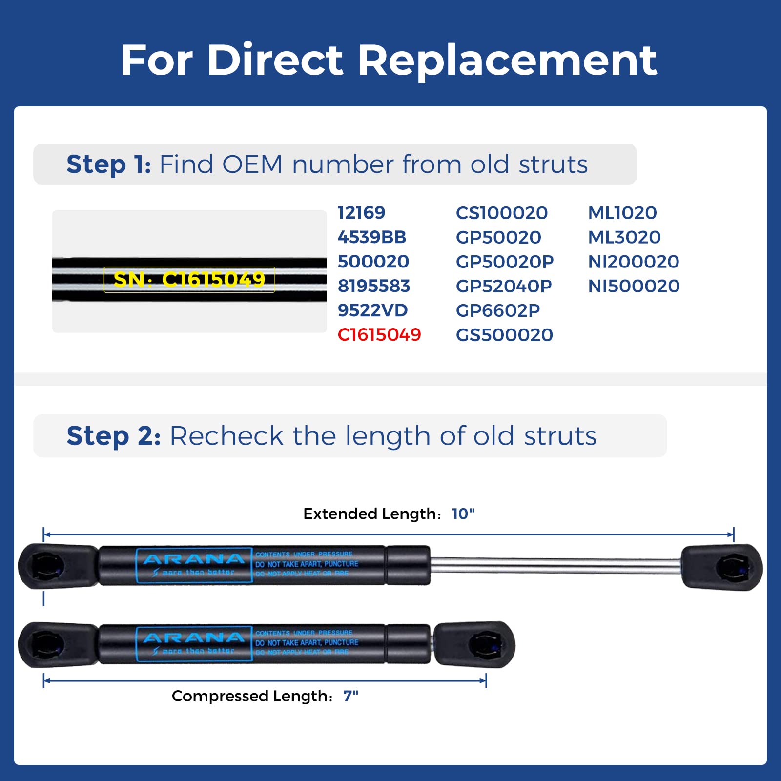 ARANA 10 inch 20LB/89N Gas Strut Shocks Lift Supports for Ranger Boat Hatch Boat Rod Locker Cooler Snap Box RV Cabinet Door Caml