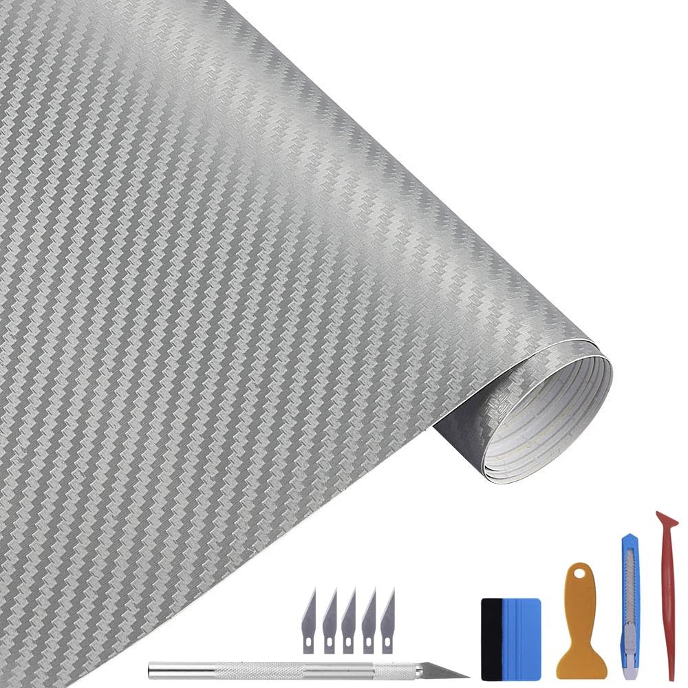LZLRUN 3D Silver Carbon Fiber Vinyl Wrap with Air Release - Outdoor Rated for Automotive Use - 3ft x 10ft