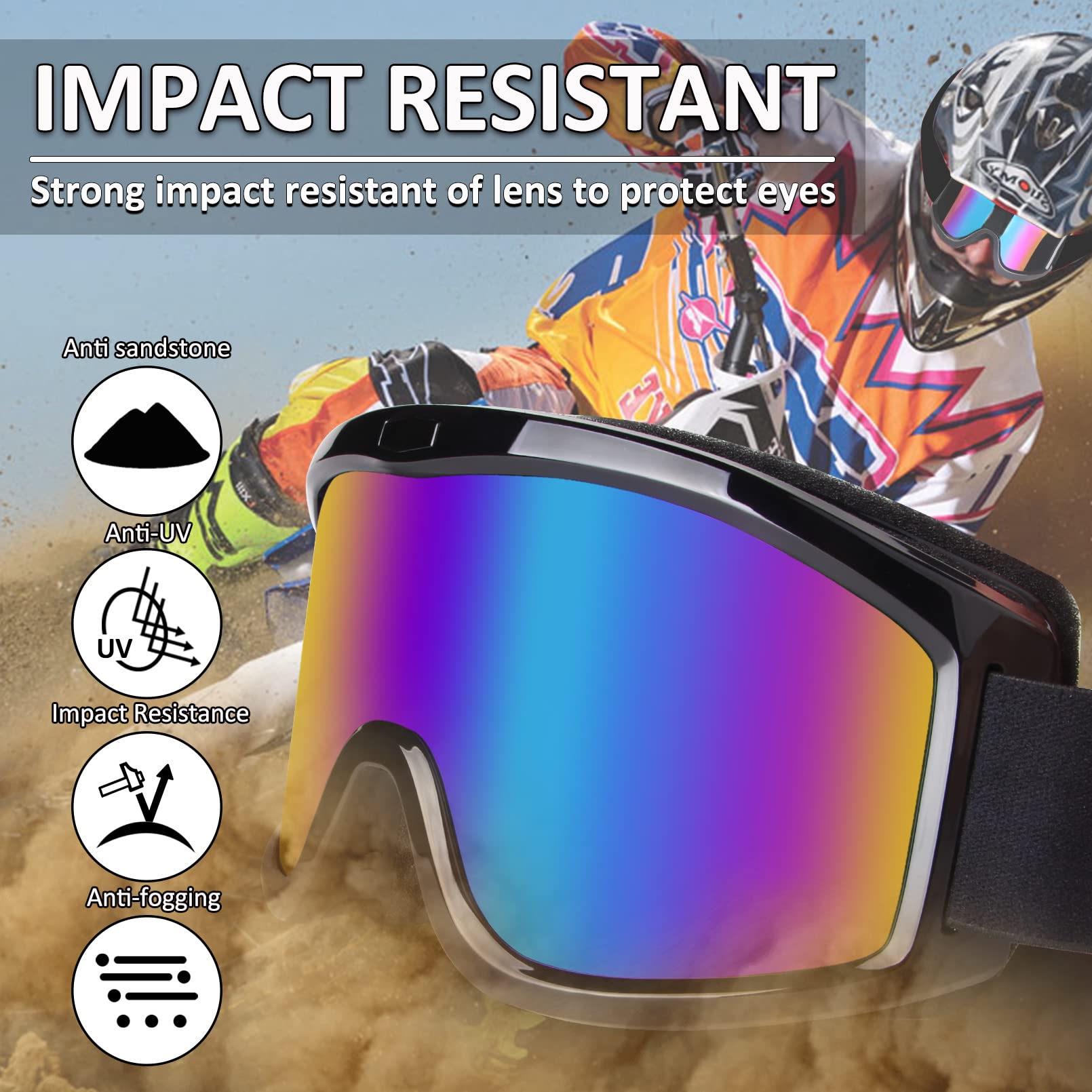 Motorcycle Motocross Goggles - Off Road Riding Goggles with UV Protection for Men, Women, Adults, Youth & Kids (Black Frame + Co