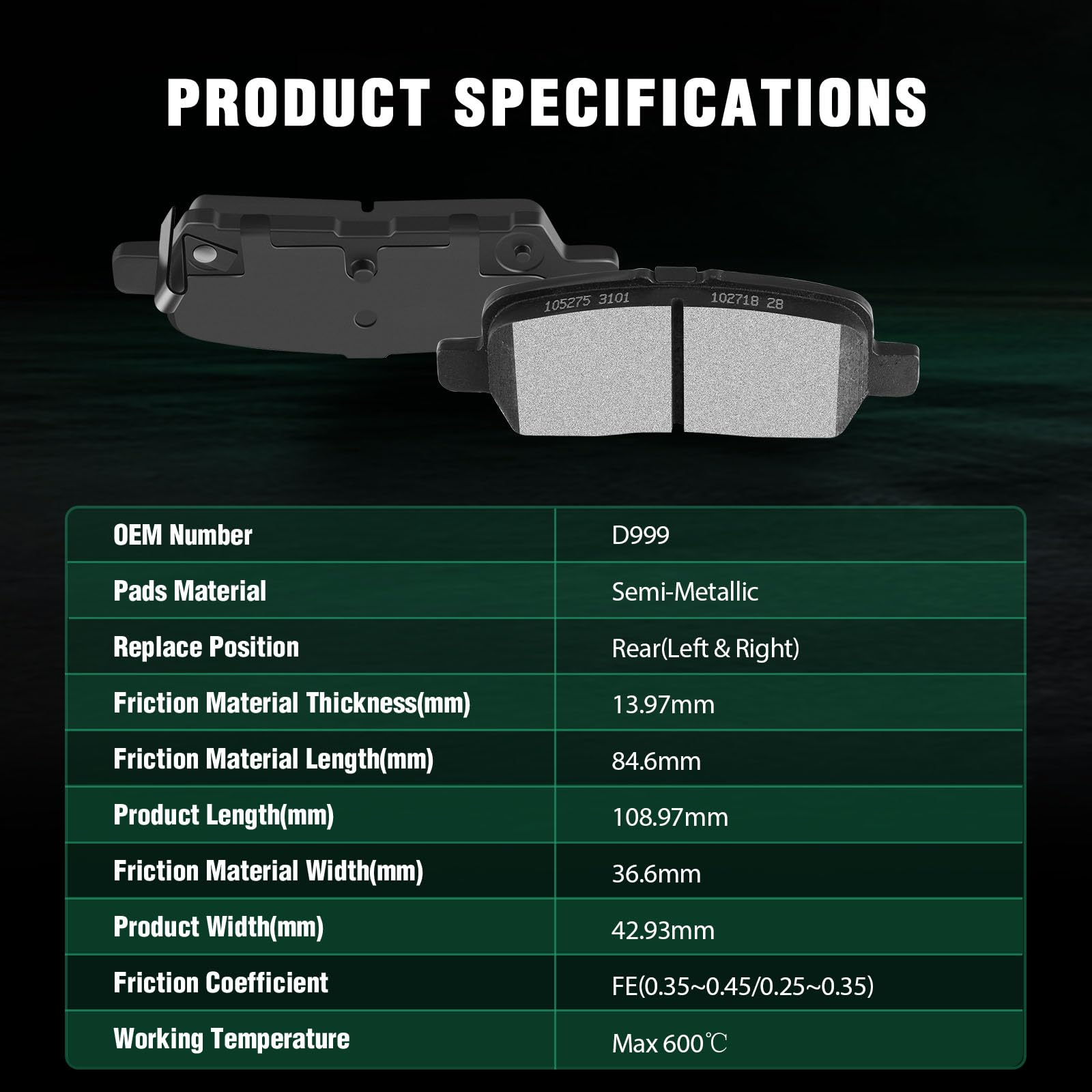 Automuto 4Pcs Rear Semi-Metallic Disc Brake Pads Set D999 For Buick Allure Lacrosse For Chevrolet Impala Impala Limited For Pont