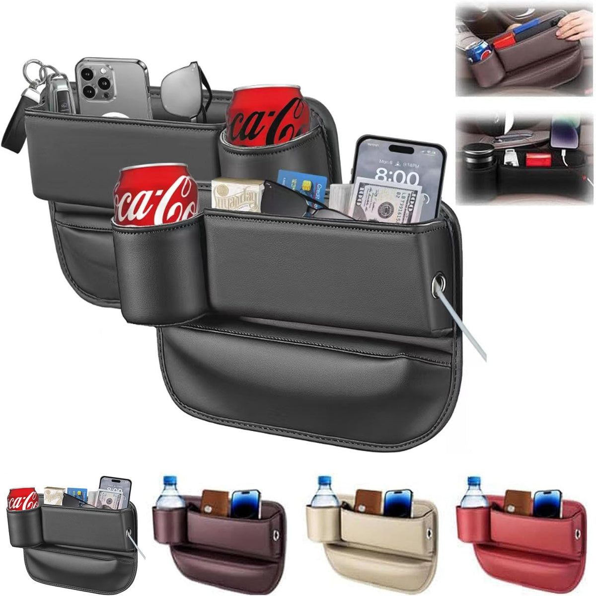 2 Pack Car Leather Cup Holder Gap Bag, Car Seat Gap Filler Organizer with Cup Holder and Charging Hole, Leather Car Seat Gap Fil