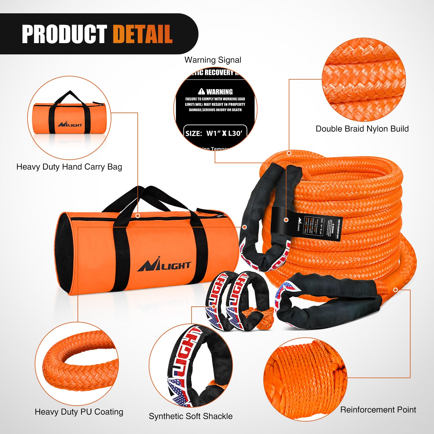 Nilight Kinetic Recovery Tow Rope Kit with 2 Soft Shackle 1'' x 30ft Heavy Duty Offroad Tow Rope Snatch Strap Towing Strap kit (