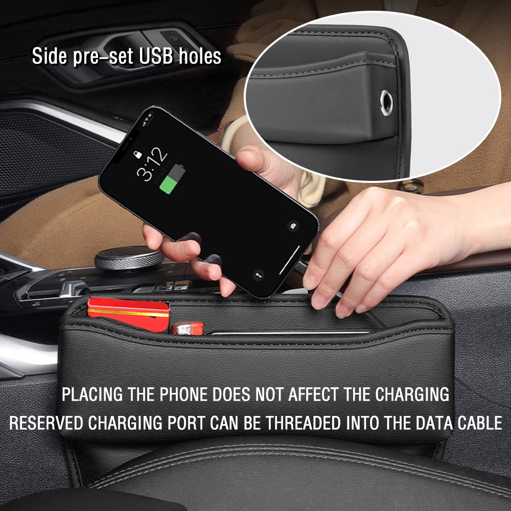 Large Capacity Car Seat Gap Filler With 2 Charge Hole - Microfiber Leather Seat Gap Organizer Storages Items & Keeps Car Quiet Tidy - Car Seat Storage Box For Phone,Key,Cigarette,Glasses (Black)