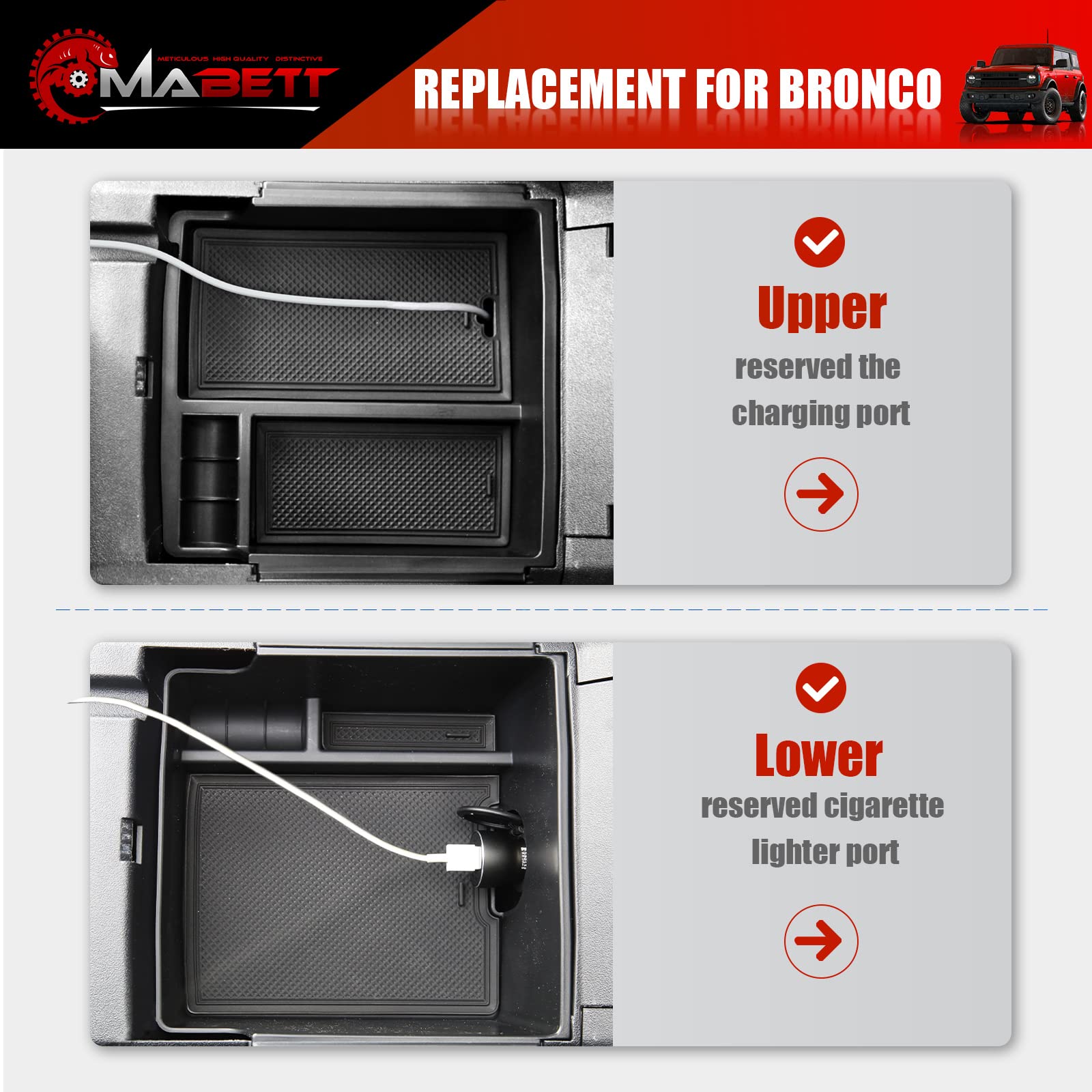 Mabett Console Organizer Tray For Bronco Accessories, Armrest Storage Box Fit Bronco 2021 2022 2023 2024 2/4-Door Wiht Non-Slip