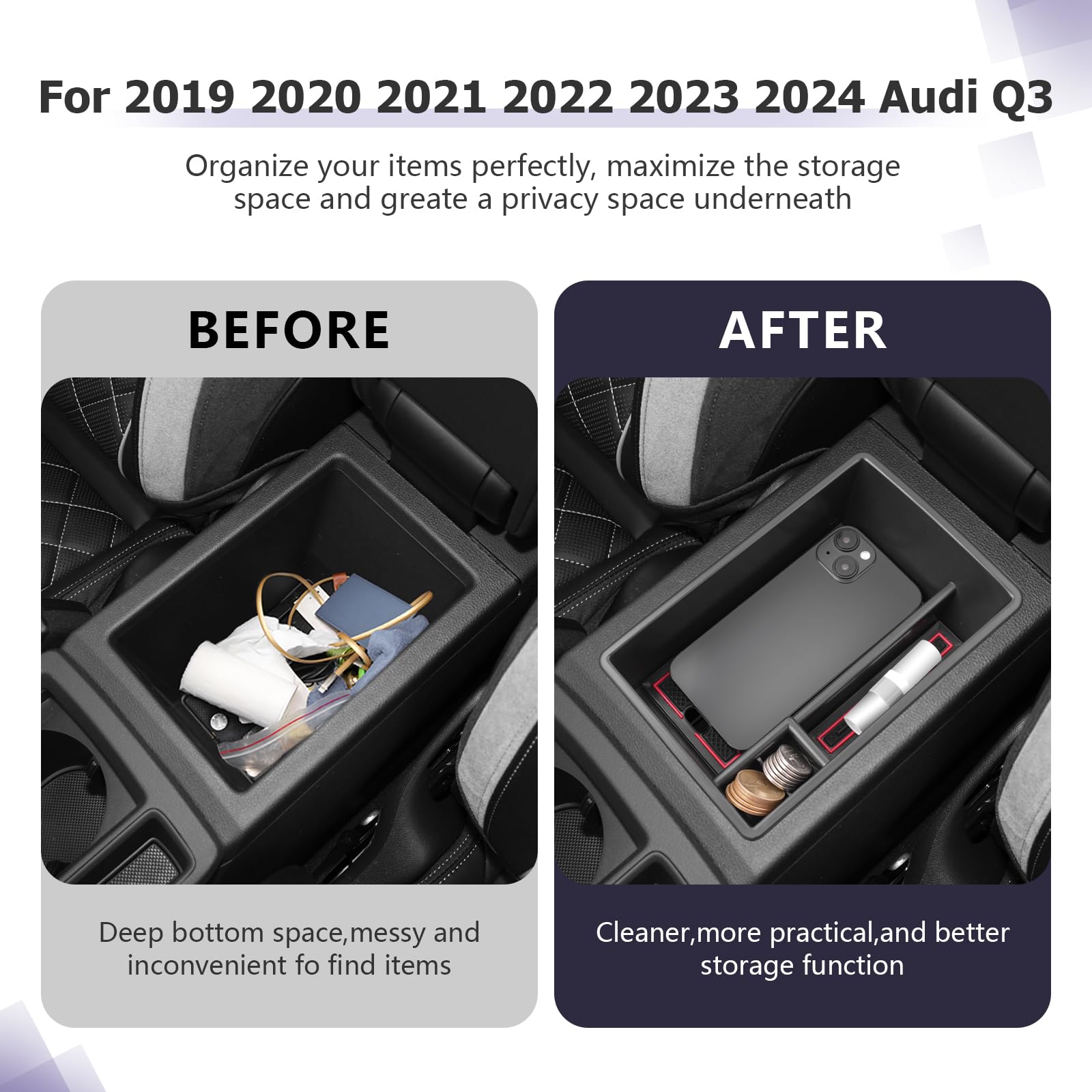 ZCLINKO 2019-2025 Auid Q3 F3 Center Console Organizer Armrest Storage Box Insert Tray Armrest Console Organizer 2024 2025 Auid Q