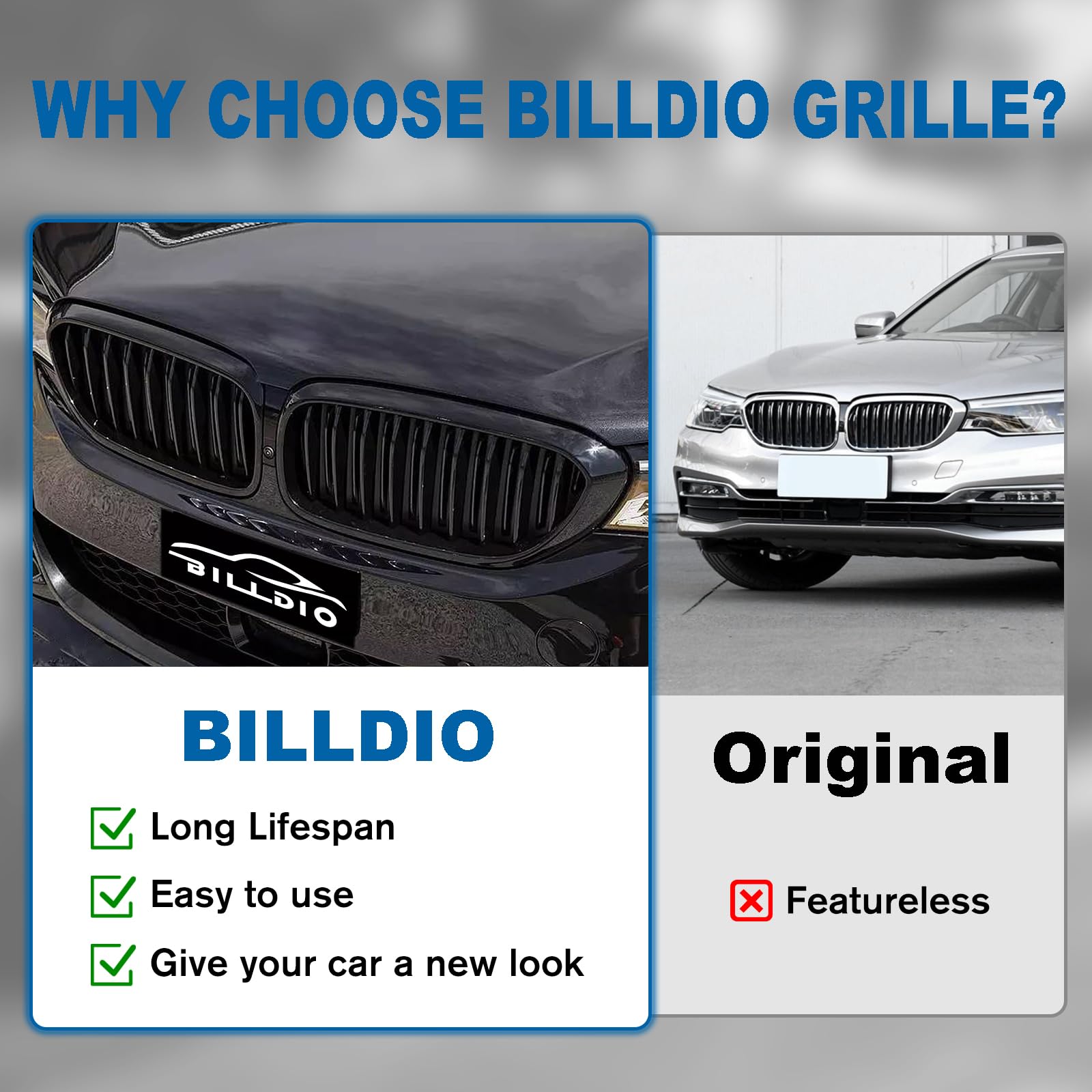BILLDIO G30 Black Kidney Grill for BMW 5 Series 2017-2020, Single Slat, ABS Plastic, Gloss Black Finish