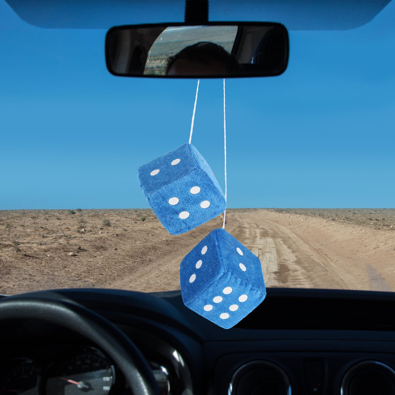 Fuzzy Dice For Rear View Mirror, Blue Fuzzy Dice For Car Mirror, 2.75Inch Pair Of Plush Retro Square Hanging Dice With White Dot