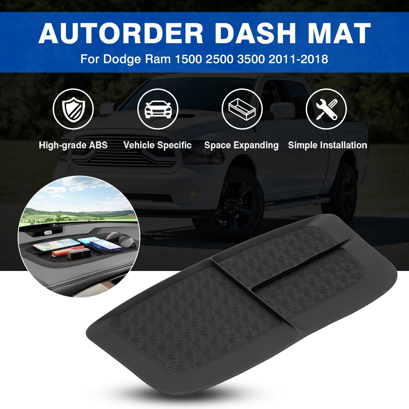 Autorder Dashboard Mat For 2011-2018 Dodge Ram 1500 2500 3500 Accessories Anti-Slip Mat Silicone Dash Mat For Ram Dash Liner Pad